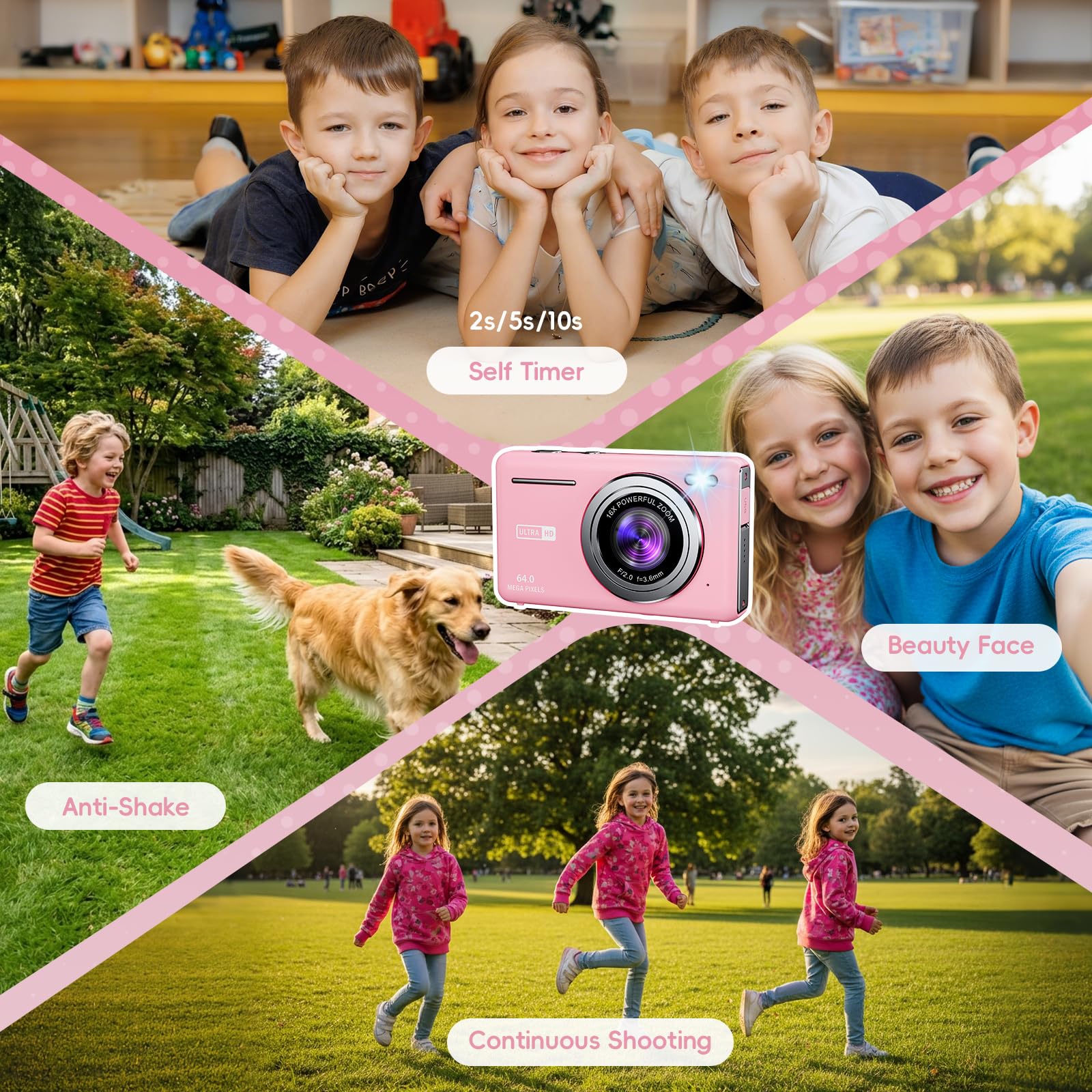 Macchina Fotografica Digitale 64MP 4K Fotocamera Digitale con Zoom Digitale 16X Ricaricabile Macchina Digitale Compatta con Scheda da 32GB per Bambini Studenti Principianti (Rosa)