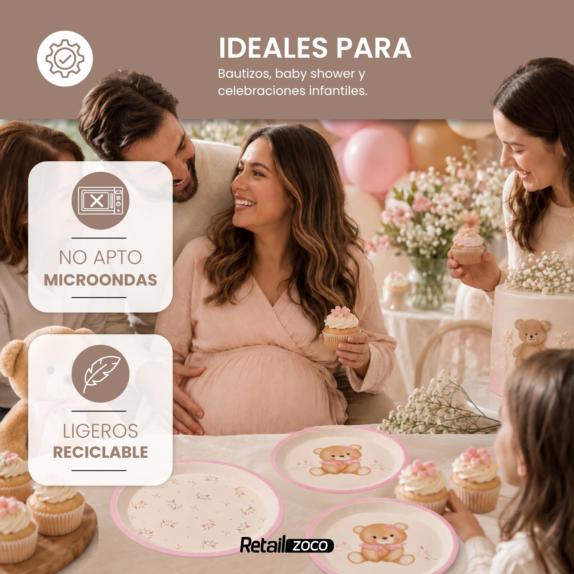 Platos de cartón, Platos Desechables cartón, Diseño Oso Rosa, 12 Unidades - imagen 3