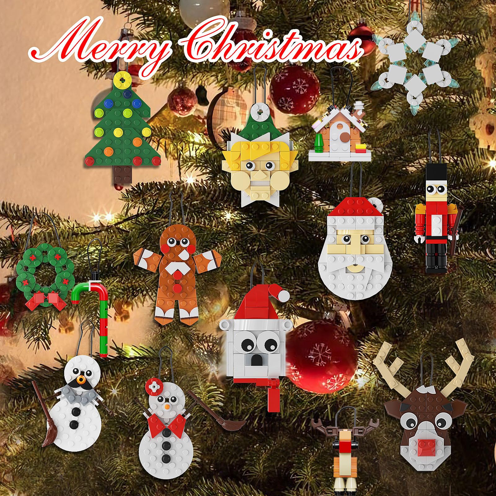 Christmas Tree Ornaments Building Bricks Kit, 14-in-1 Decorative Hanging Ornaments Building Toys Santa, Snowman, Gingerbread - Image 2