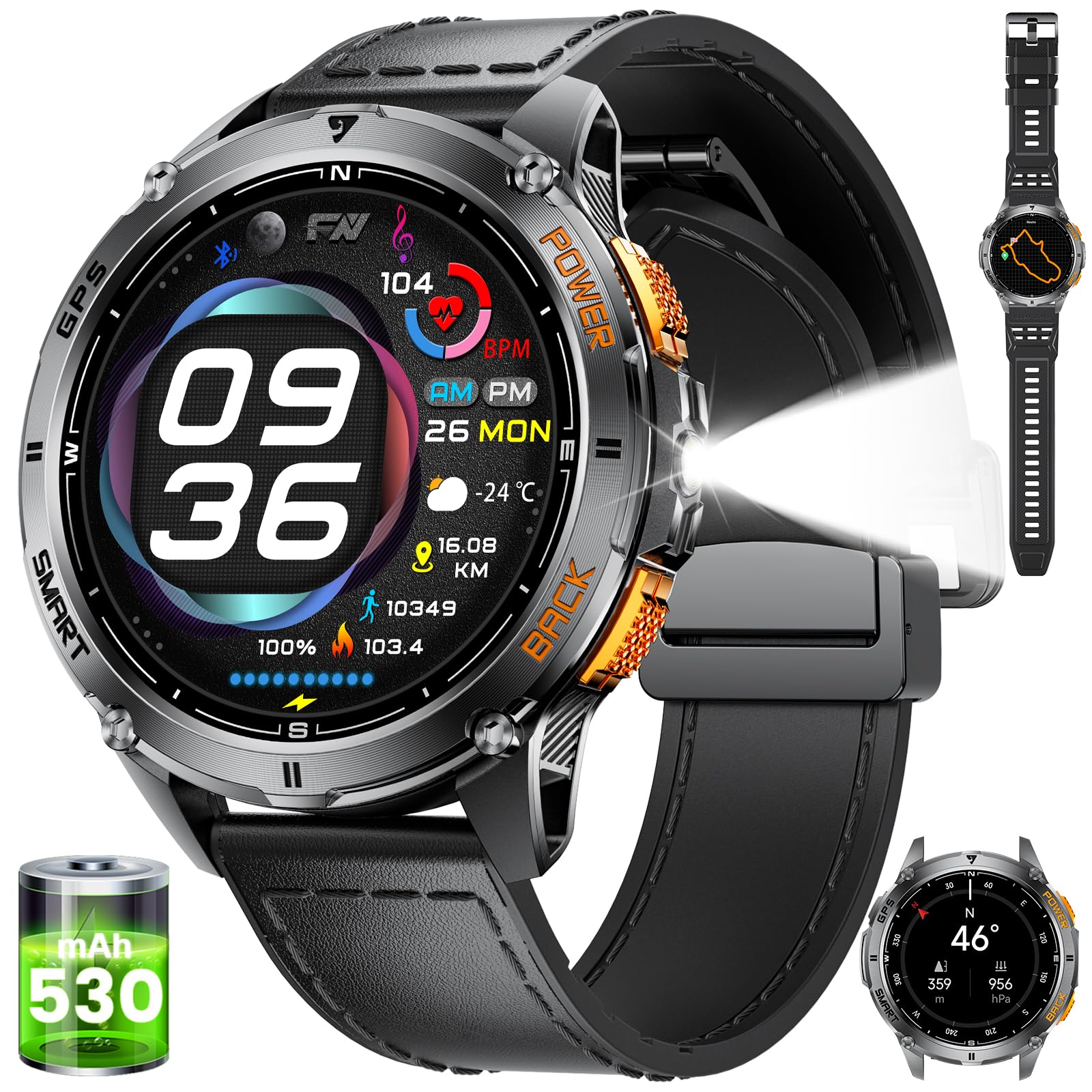 ESFOE Smartwatch voor heren, 1,96 inch AMOLED, HD-display, militaire smartwatch met stappenteller, hartslag, SpO2, 380 mAh, 100 sportmodi, IP68 waterdicht, bluetooth-oproep/melding voor Android iOS