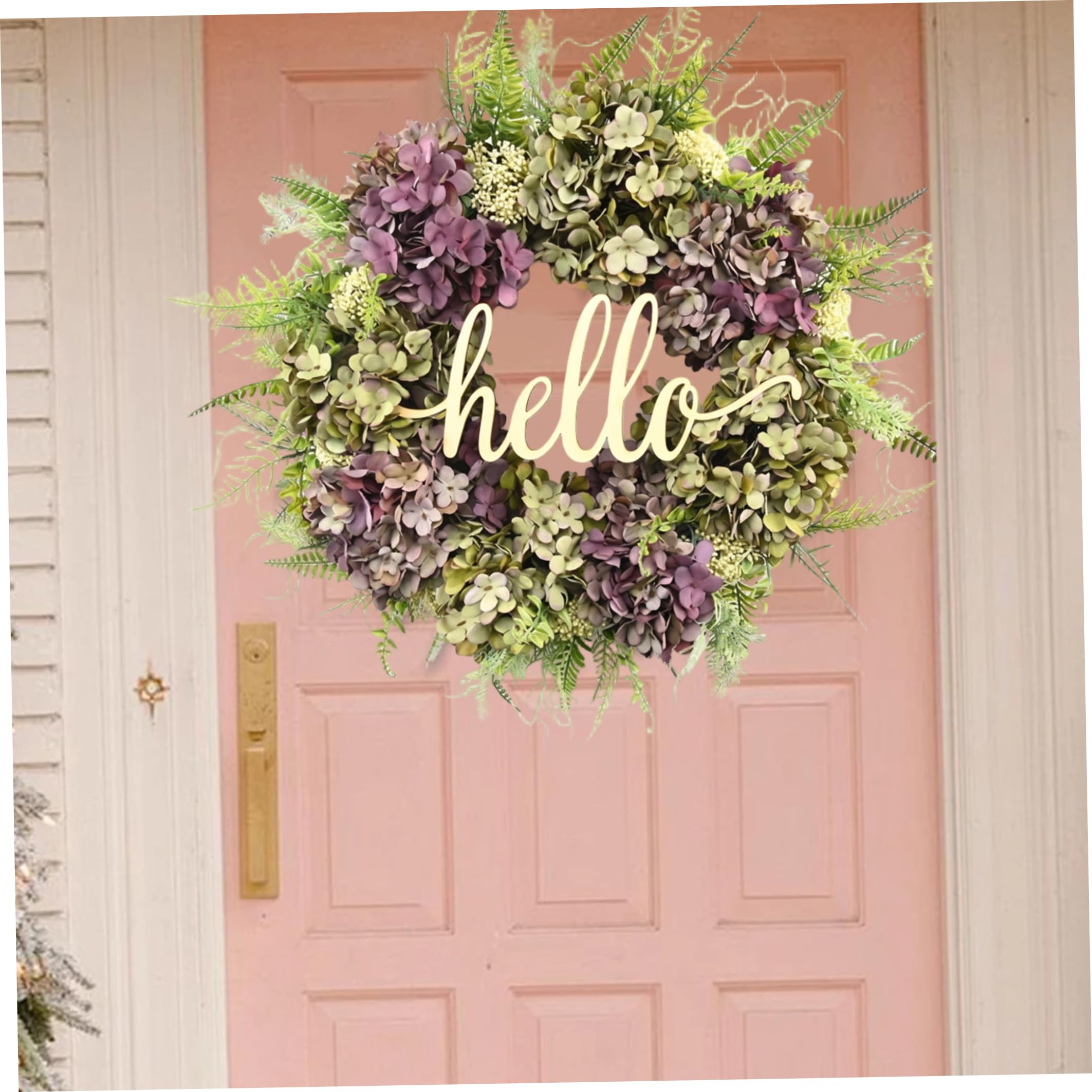 Ghirlanda di ortensie per porta d'ingresso - Ghirlande di fiori finti artificiali realistici per esterni con scritta di benvenuto viola-verde