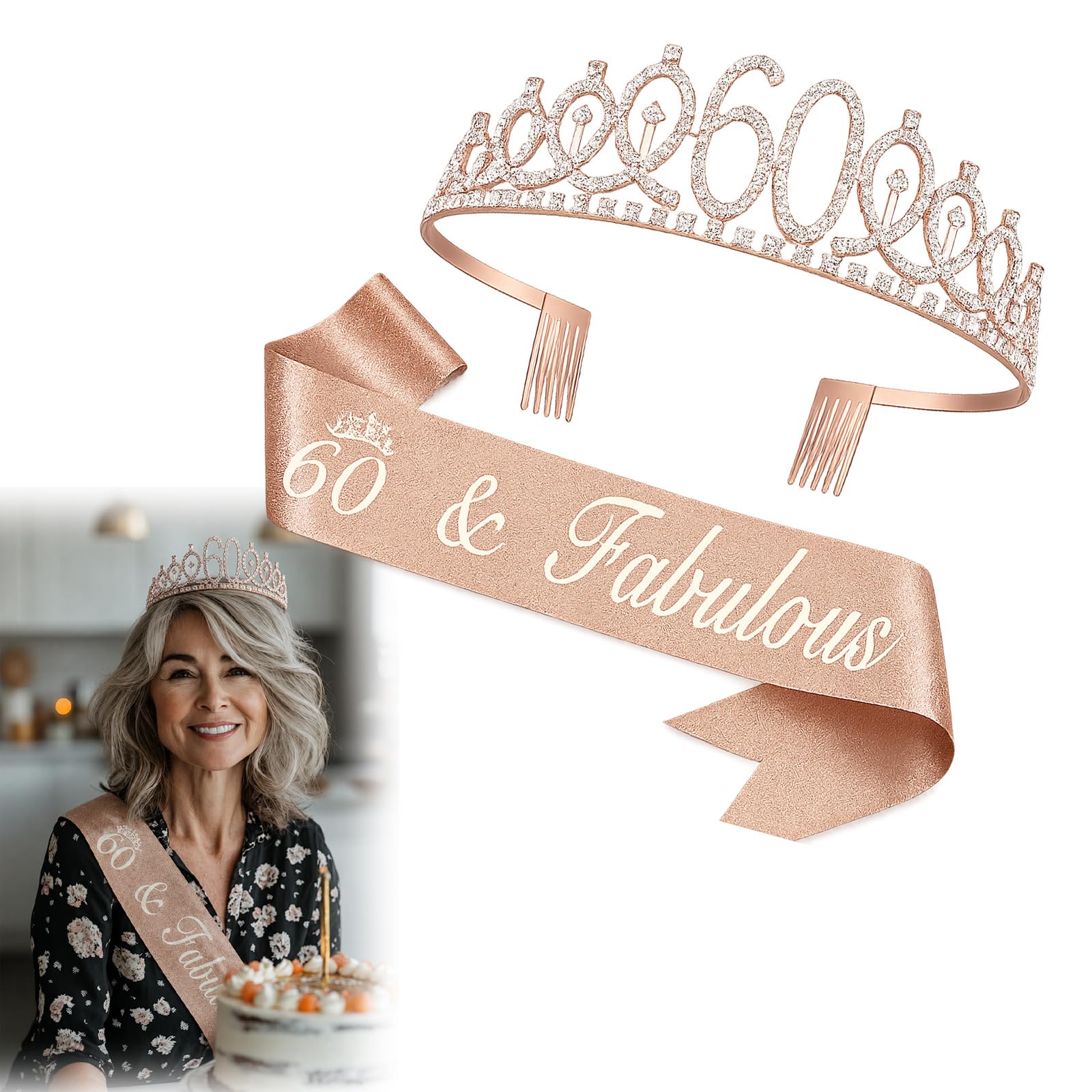 60th Birthday Tiara and Sash Set, Rose Gold Rhinestone Crown, Glitter Sash