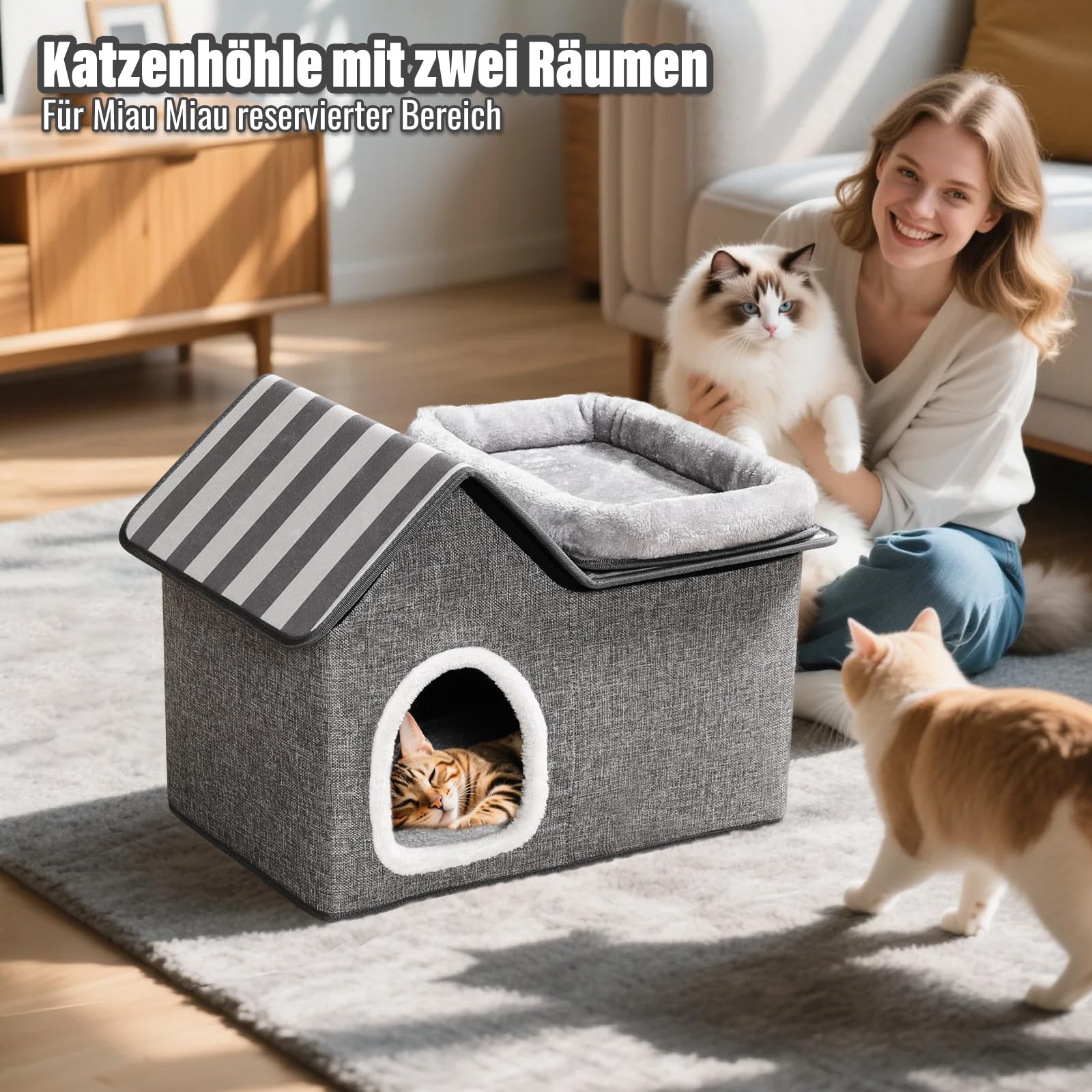 Zvonema Casa para gatos, 2 pisos, cueva de fieltro, protección de las uñas de los gatos, estable casa para gatos interior con cojín suave y lavable, cama plegable para mascotas pequeñas y medianas, 57