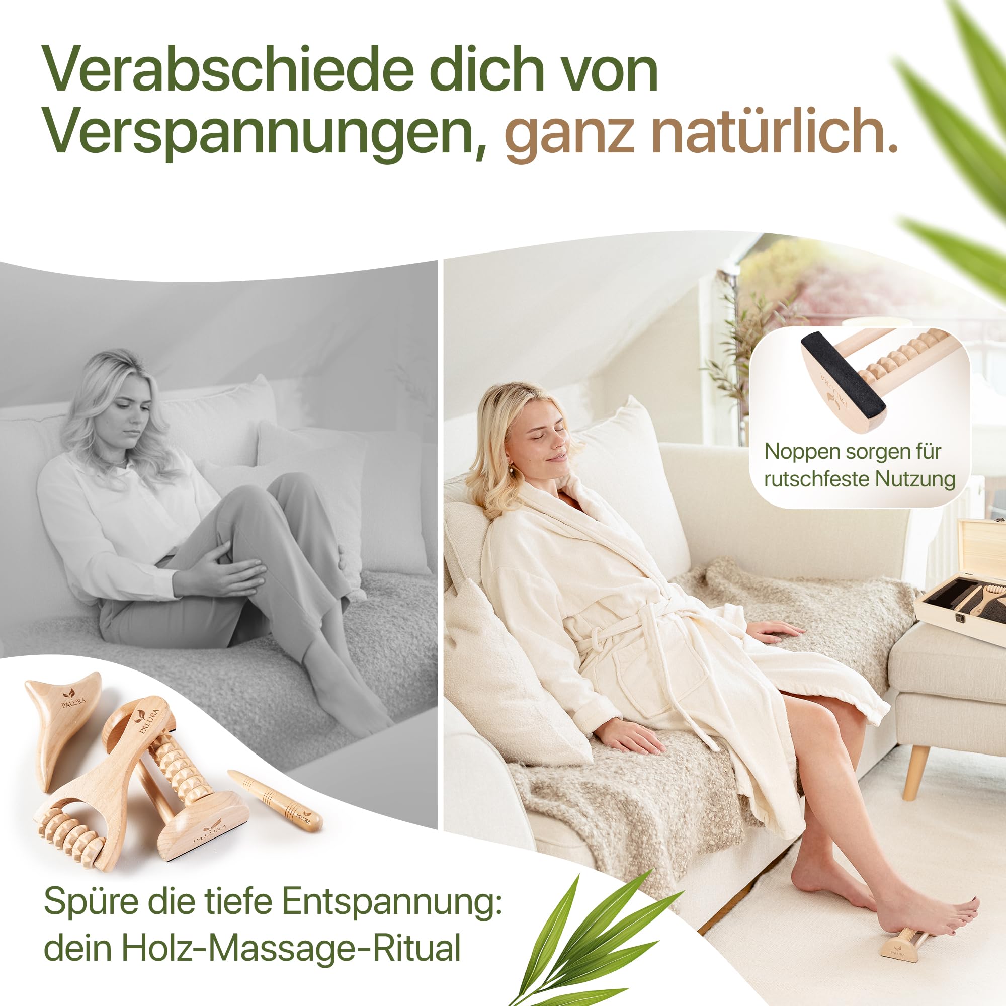 Massageroller Holz Set – Faszienrolle – Massage Tool für Arme, Beine und Nacken – Anti Cellulite Roller - Physiotherapie Praxis Zubehör - Frauen Geschenke