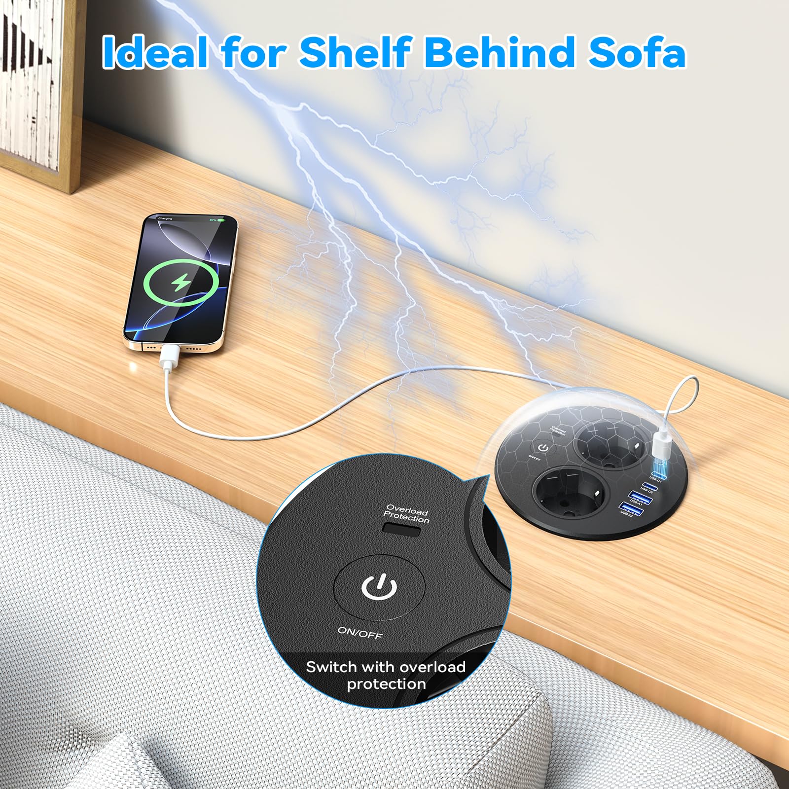 Gniazdko podtynkowe, okrągłe, z 2 gniazdami Schuko i 4 portami USB, 2 x USB C PD 20 W, gniazdko stołowe z przełącznikiem, do biurka, biura, kuchni, blatu roboczego, listwa zasilająca do zabudowy z
