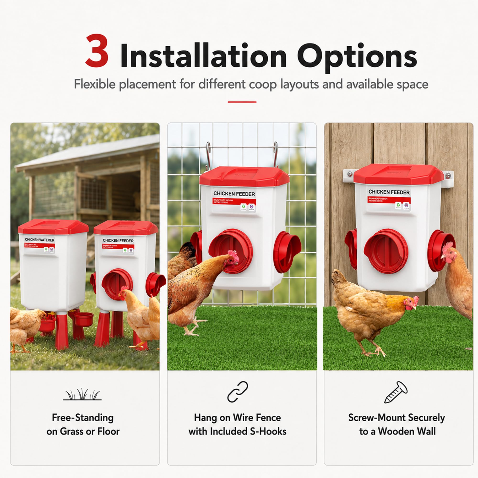Futterautomat Hühner und Hühnertränke,12 kg/11 L | Wassertränke Hühner mit 4 Bechern und 3 Futteröffnungen,Geflügeltränke für Hennen Enten Geflügel,Hühnerzubehör