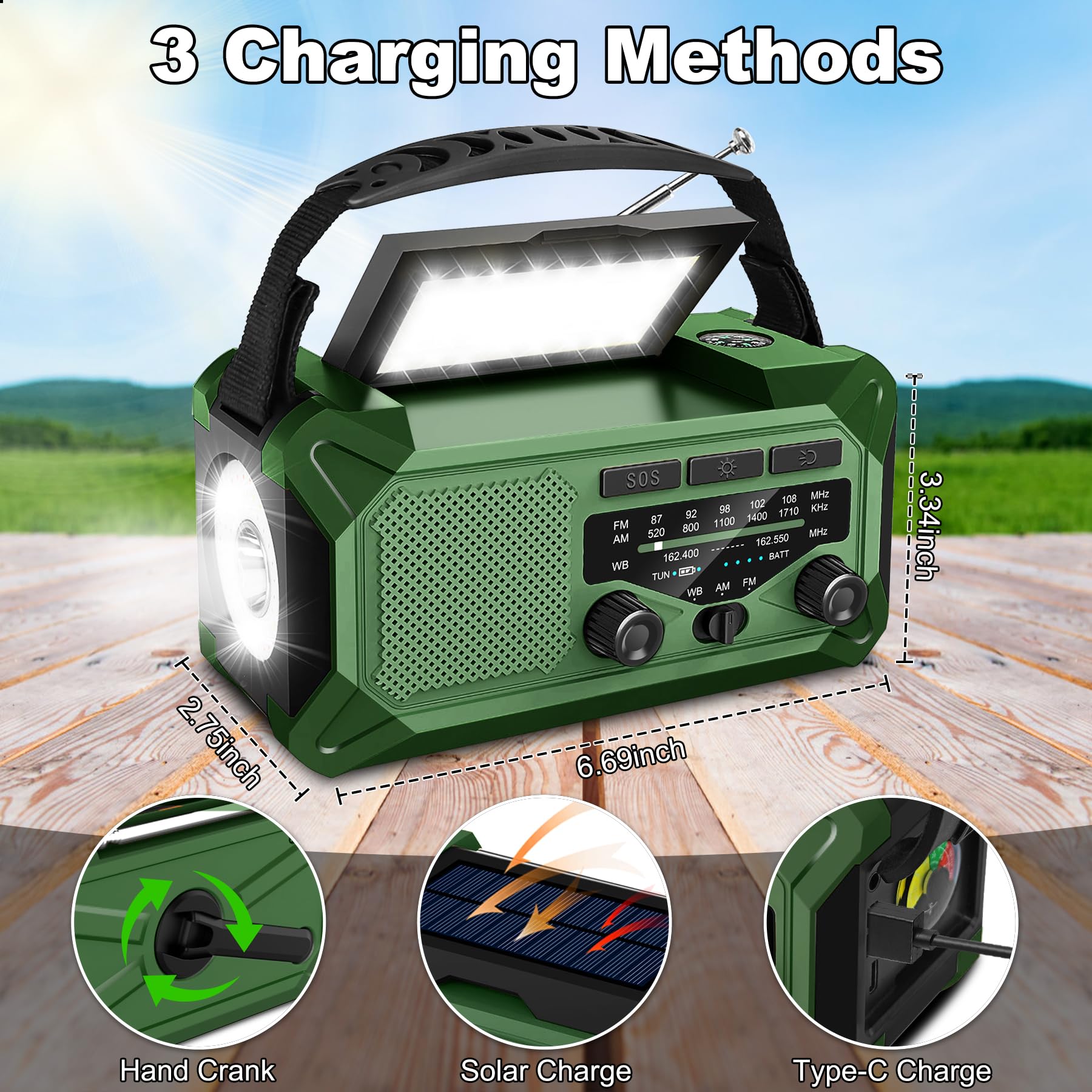 Radio meteorologica di emergenza 10000 mAh 37000 mWh NOAA/AM/FM solare a manovella con torcia, caricatore telefono, bussola, lampada da lettura