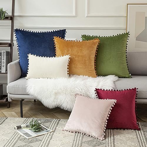 Miniatura 6 de Ashler Juego de 2 fundas de cojín con pompones suaves, terciopelo, felpa, colores vibrantes, elegantes, cubiertas de cojín, paquete de 2 piezas