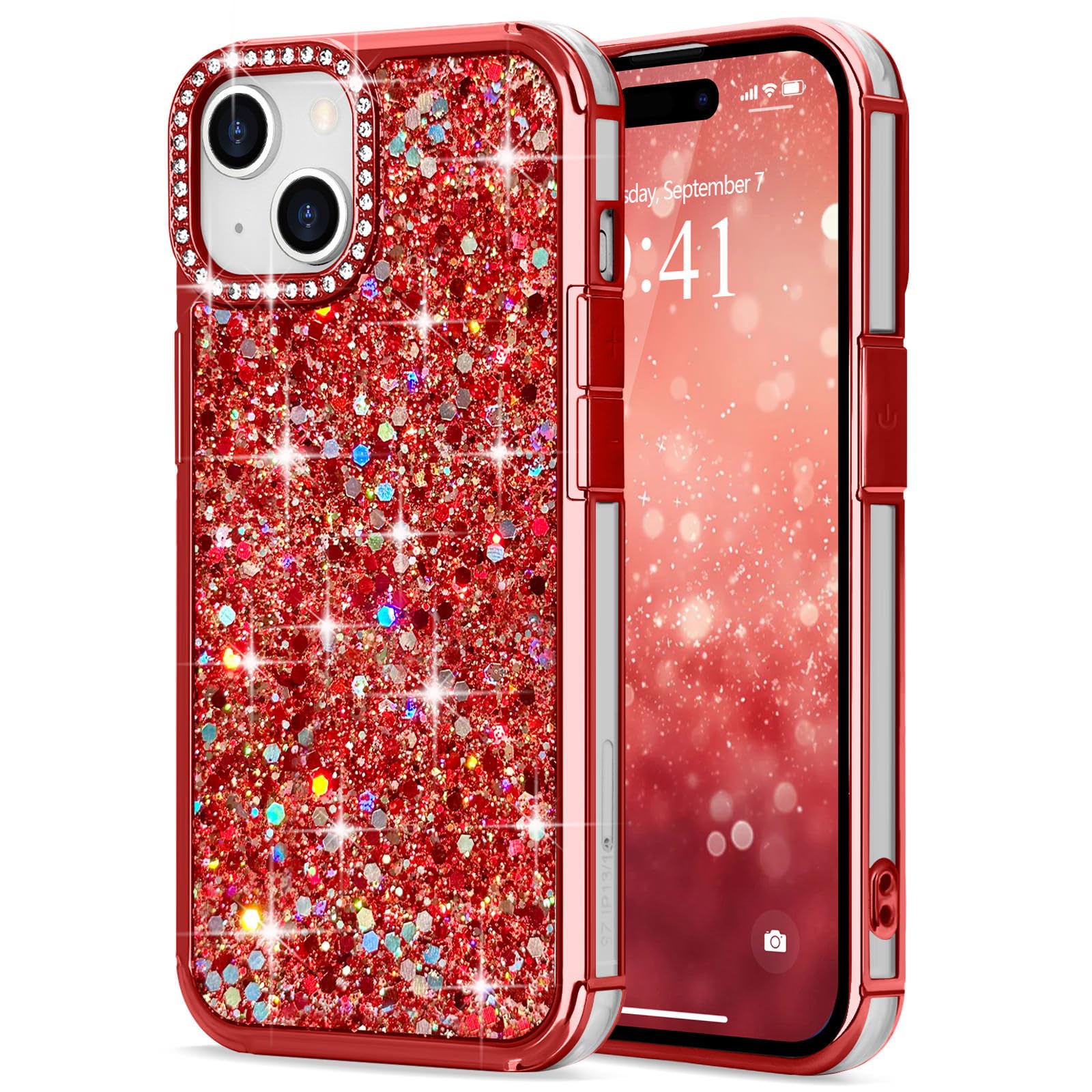 Pepmune iPhone 15 用 ケース キラキラ ラメ かわいい おしゃれ アイフォン15 用 バンパーケース 軽量 耐衝撃 人気 韓国 保護 衝撃吸収 落下防止 女性用 可愛い カバー (レッド)