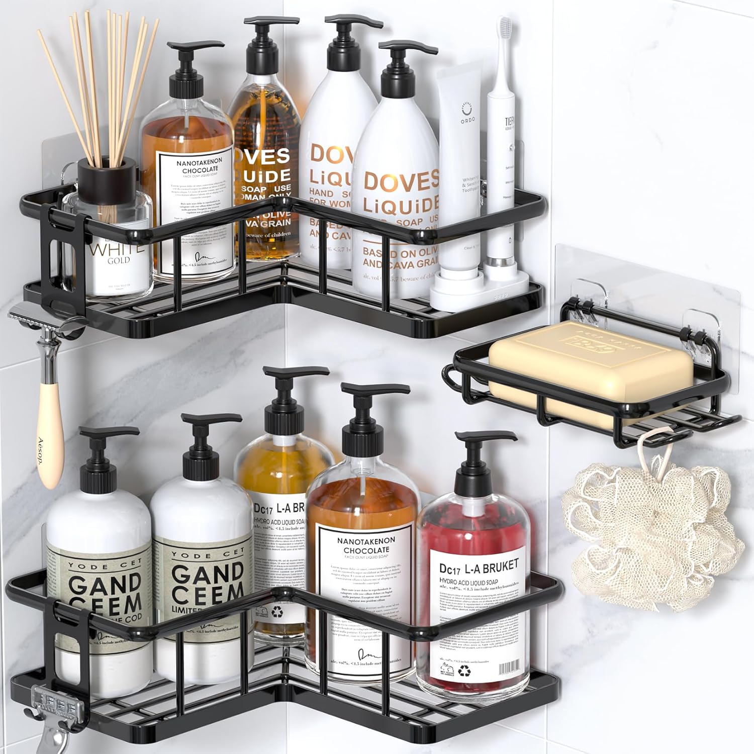 YASONIC Shower Caddy Corner, 3-Pack Adhesive Rustproof Stainless Steel Shower Shelves with Soap Holder, No Drilling Shower Organizer Corner for Dorm, Renters Bathroom, Black YASONIC Shower Caddy Corner, 3-Pack Adhesive Rustproof Stainless Steel Shower Shelves with Soap Holder, No Drilling Shower Organizer Corner for Dorm, Renters Bathroom, Black