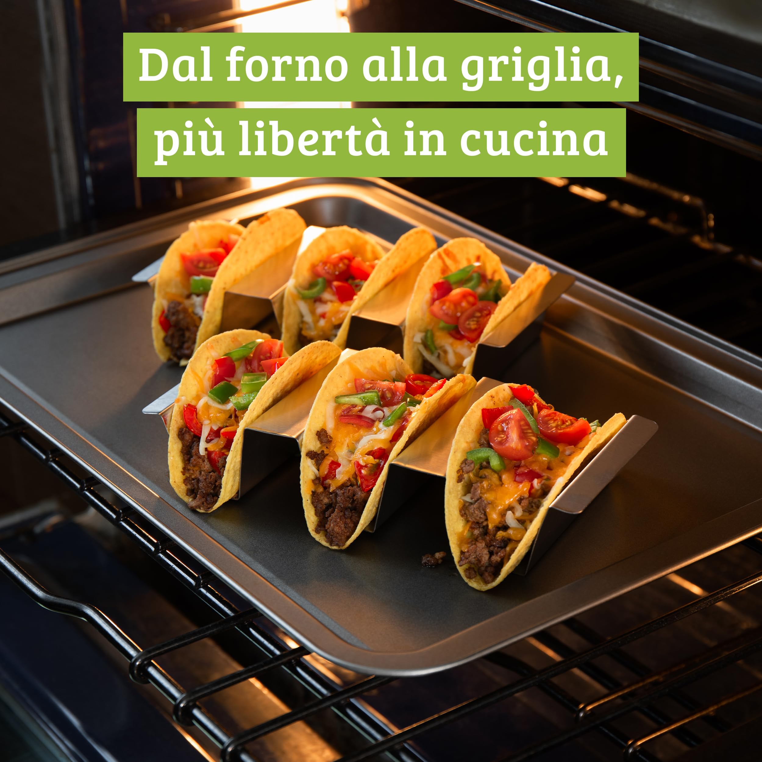 Porta Tacos Acciaio con Base Piatta Scanalata, Set 6 per Tacos Messicani e Tortilla, Ideale come Chef Accessori e Accessori Griglia per Forno o BBQ