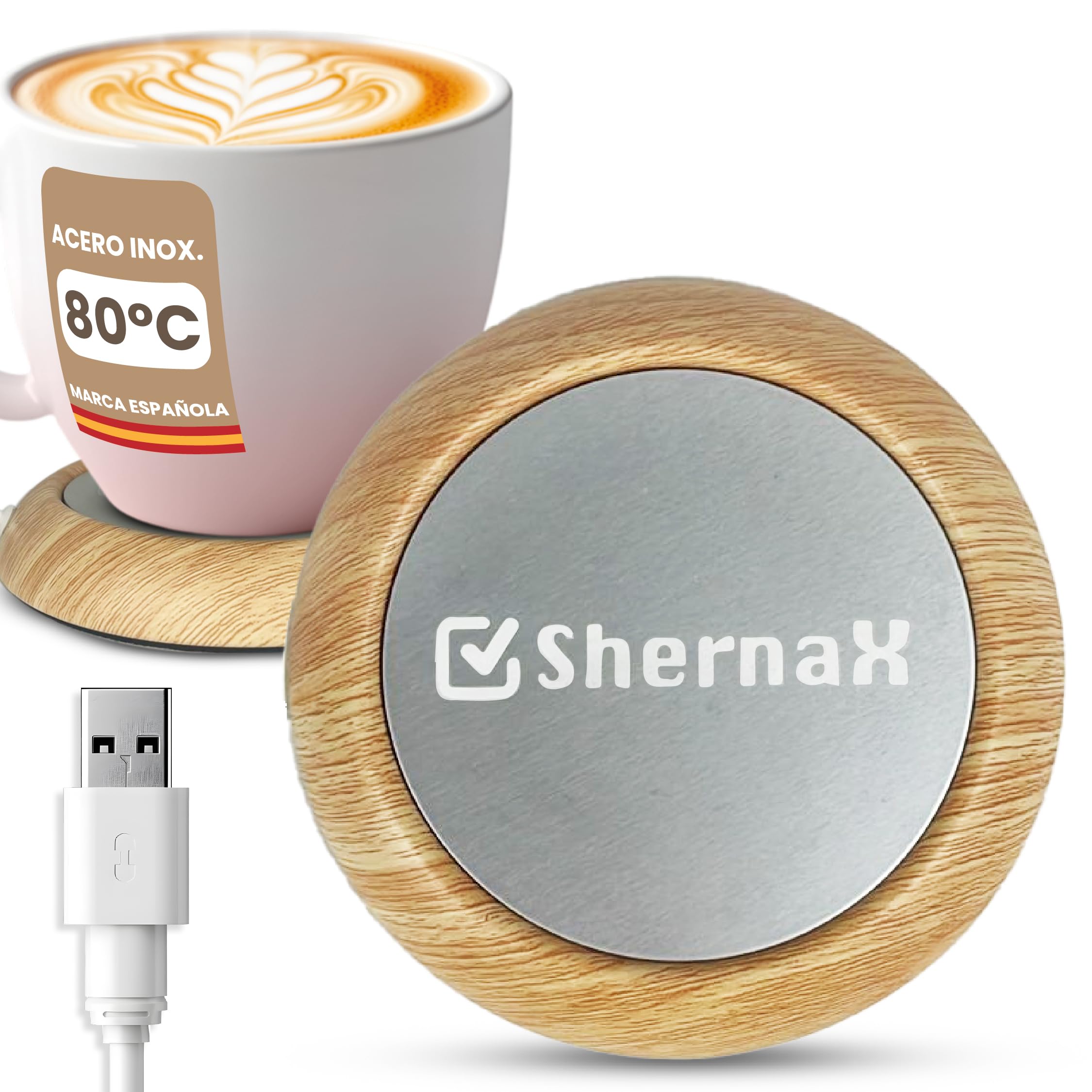 Calentador de Tazas de Café. Calienta Taza USB Calentador de Bebidas Portátil con Temperatura hasta 80℃ Calienta Tazas de Té, Café, Leche (Madera Clara)