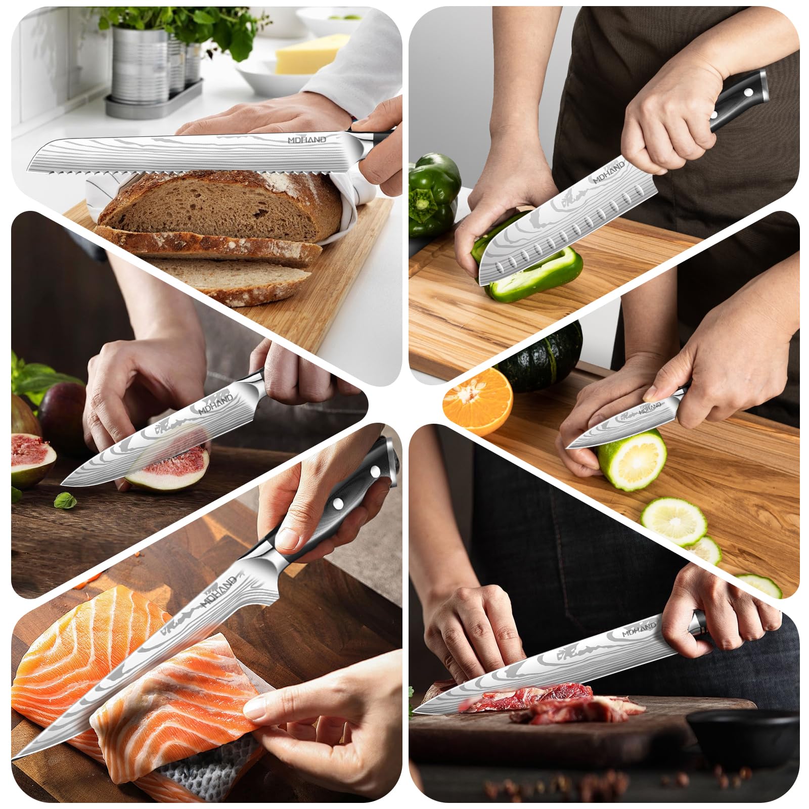 MDHAND Küchenmesser Set，8-teiliges professionelles Messerset mit Rolltasche, Extrem Scharf Profi Kochmesser Set mit Ergonomischen Pakkaholz Griffen für Haus und Restaurant