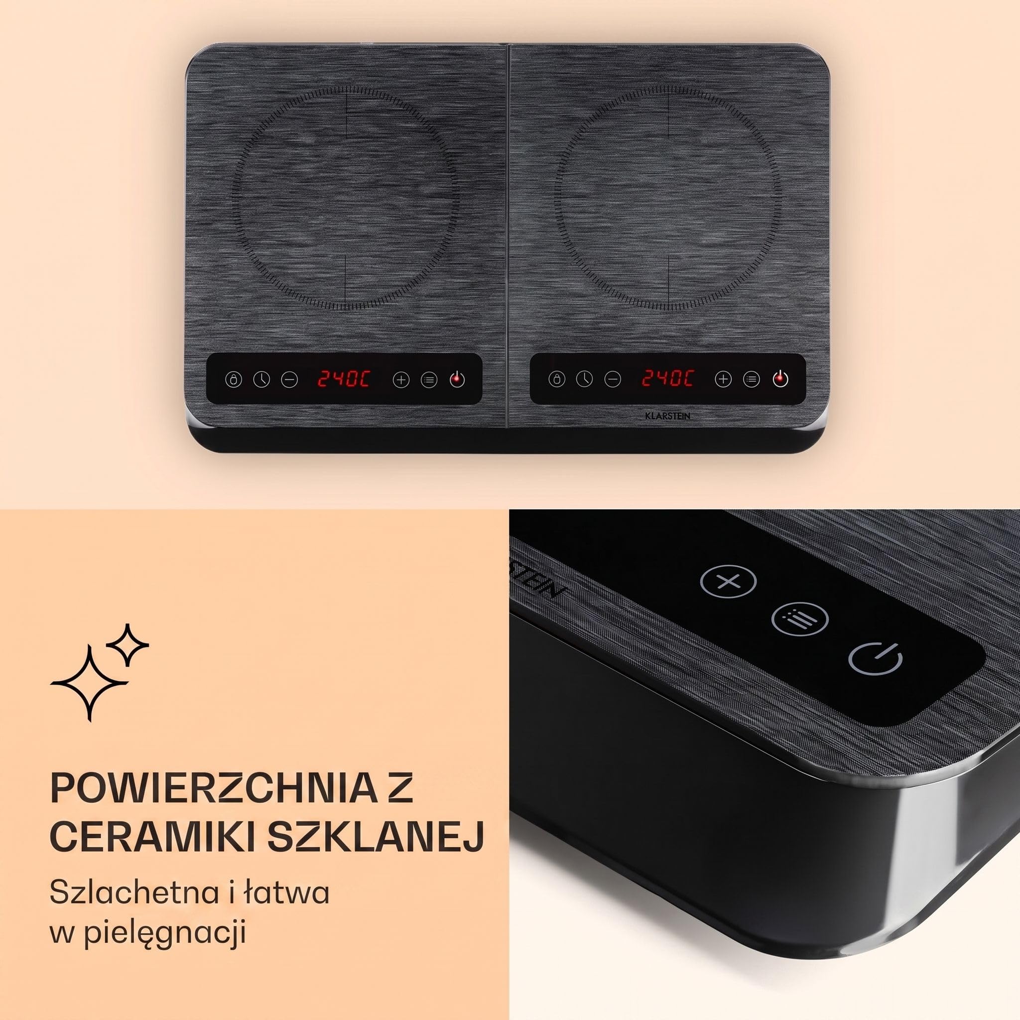 Klarstein InnoChef - Podwójna płyta indukcyjna, 3400 W, Sterowanie dotykowe, Czujnik garnka, Timer wyłączania, 10 stopni, Zabezpieczenie przed przegrzaniem, Szkło ceramiczne, czarno-szara melanż