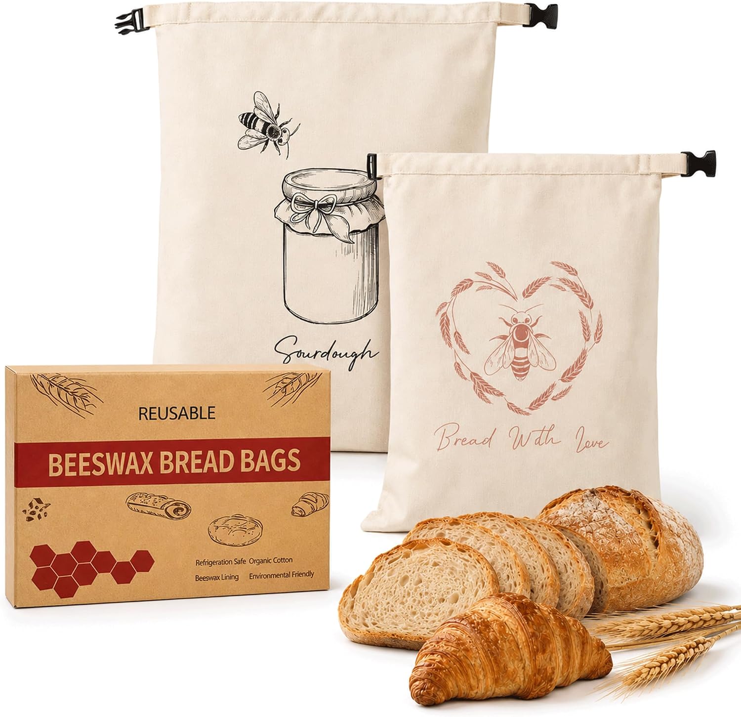 Beeswax Bread Bag, Reusable and Freezer Safe, Bee and Heart Print, 13x17 Inch, 2 Pack