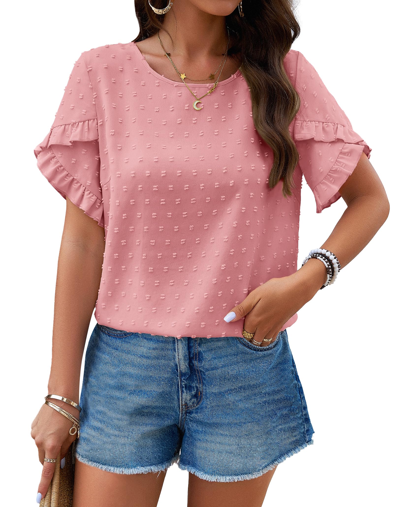 PRETTYGARDENWomen's Tops 2025 Summer Ruffle Short Sleeve Crewneck Blouses Swiss Dots Solid Loose Tunics Work Shirts