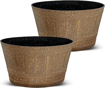 SG Traders Large Half Barrel Cask Planter, Indoor Plant Pot with Drainage Holes, Flower Pots Outdoor Garden Planters, 52 x 31cm - Pack of 2