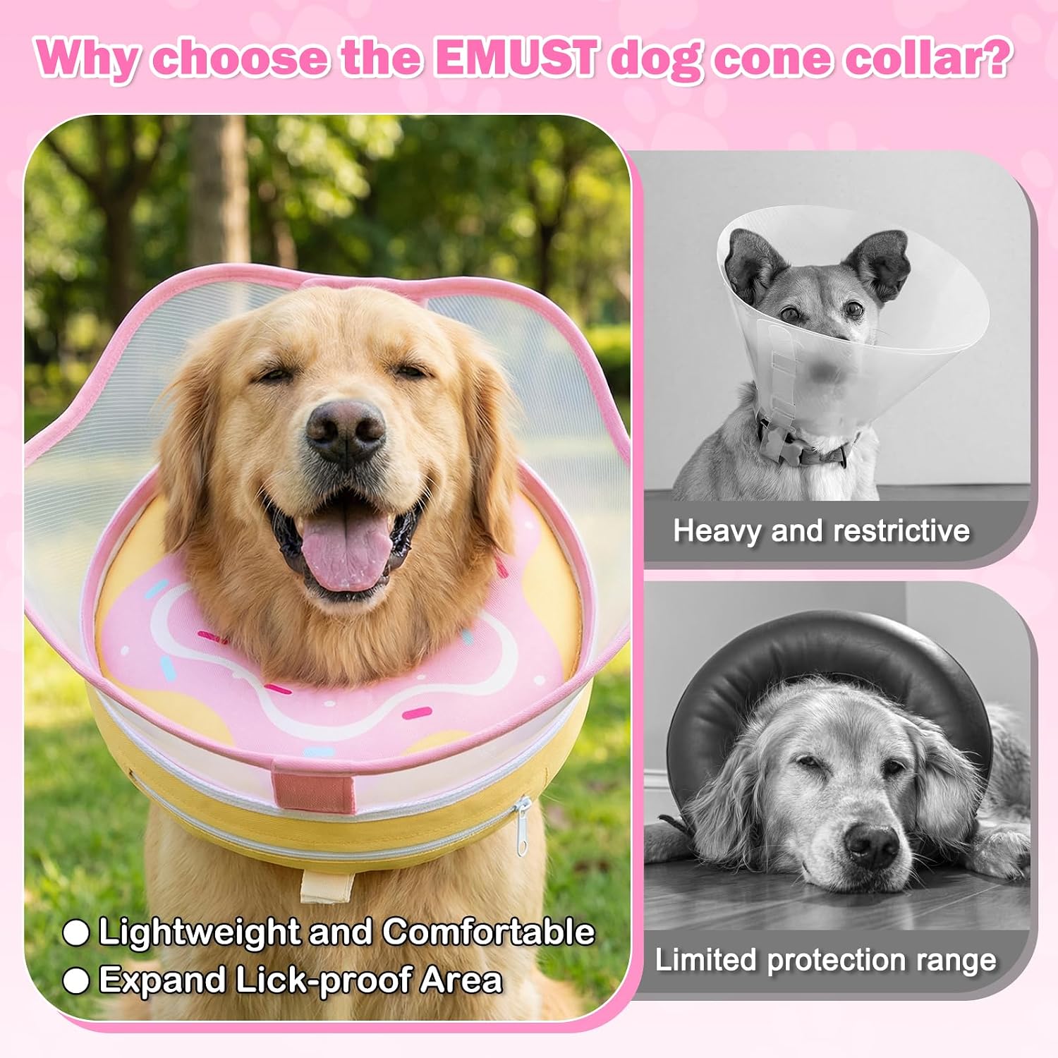 Inflatable Dog Donut Collar with Removable Clear Protective Shield, Soft Pet Recovery E-Collar for Dogs After Surgery, Adjustable Elizabethan Collar to Prevent Licking Biting Scratching (Pink, Medium)