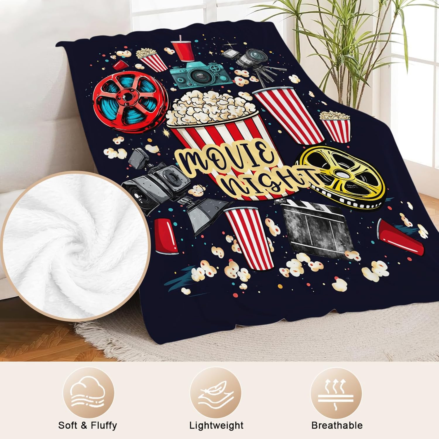 Movie Night Blanket for Boys Girls Flannel Movie Popcorn Theater Throw Blanket Ultra Soft Cozy Decor Fleece Blankets Gift for Mens Couch Sofa Bed 60" x 50"