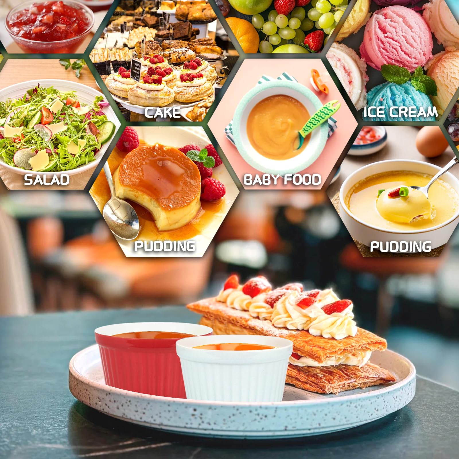 Ramequines con tapas de 8 onzas – Juego de 6, ramequines de cerámica para crema brulee con cubiertas, vasos coloridos para hornear, Ramequines aptos para horno y lavavajillas