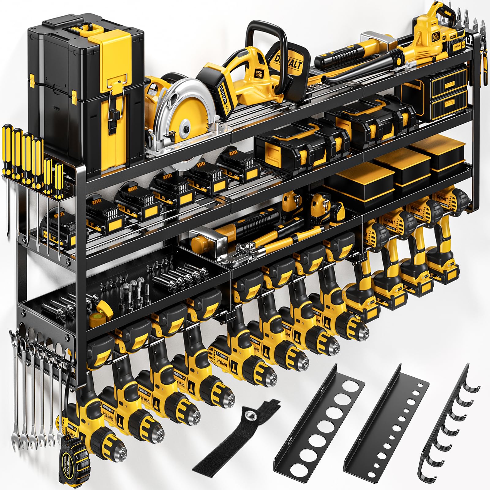 49" W Large Power Tool Organizer Wall Mount, 4 Layer Heavy Duty Loads 800 lbs, Tool Rack Holds 12 Cordless Drills, Large Capacity Battery Holder for Garage Storage, Christmas Gift for Men