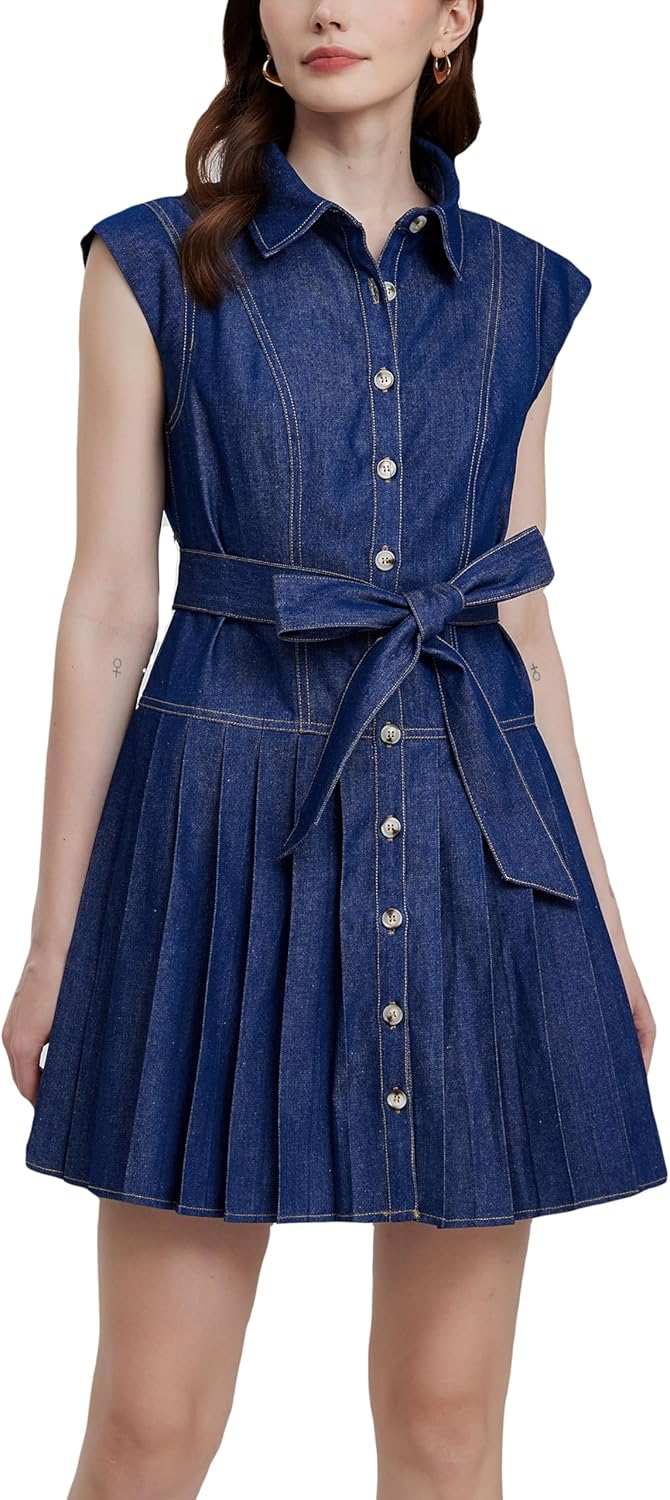 LADYFUL Denim Mini Dress for Women Button Down Cap Short Sleeve A-line Pleated Short Jean Dress