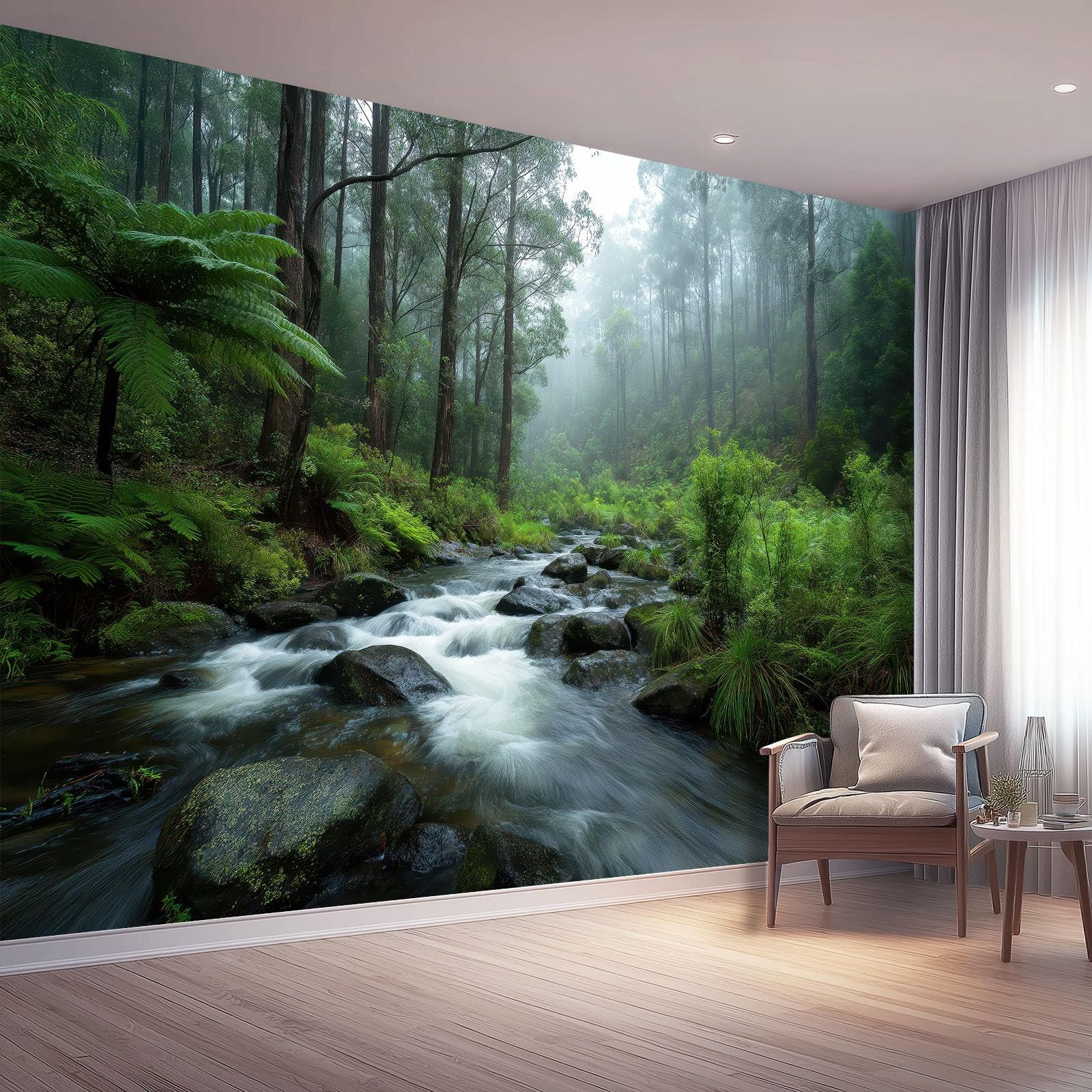 Papier peint forêt et ruisseau 300x210 cm pour créer un salon nature et une chambre apaisante