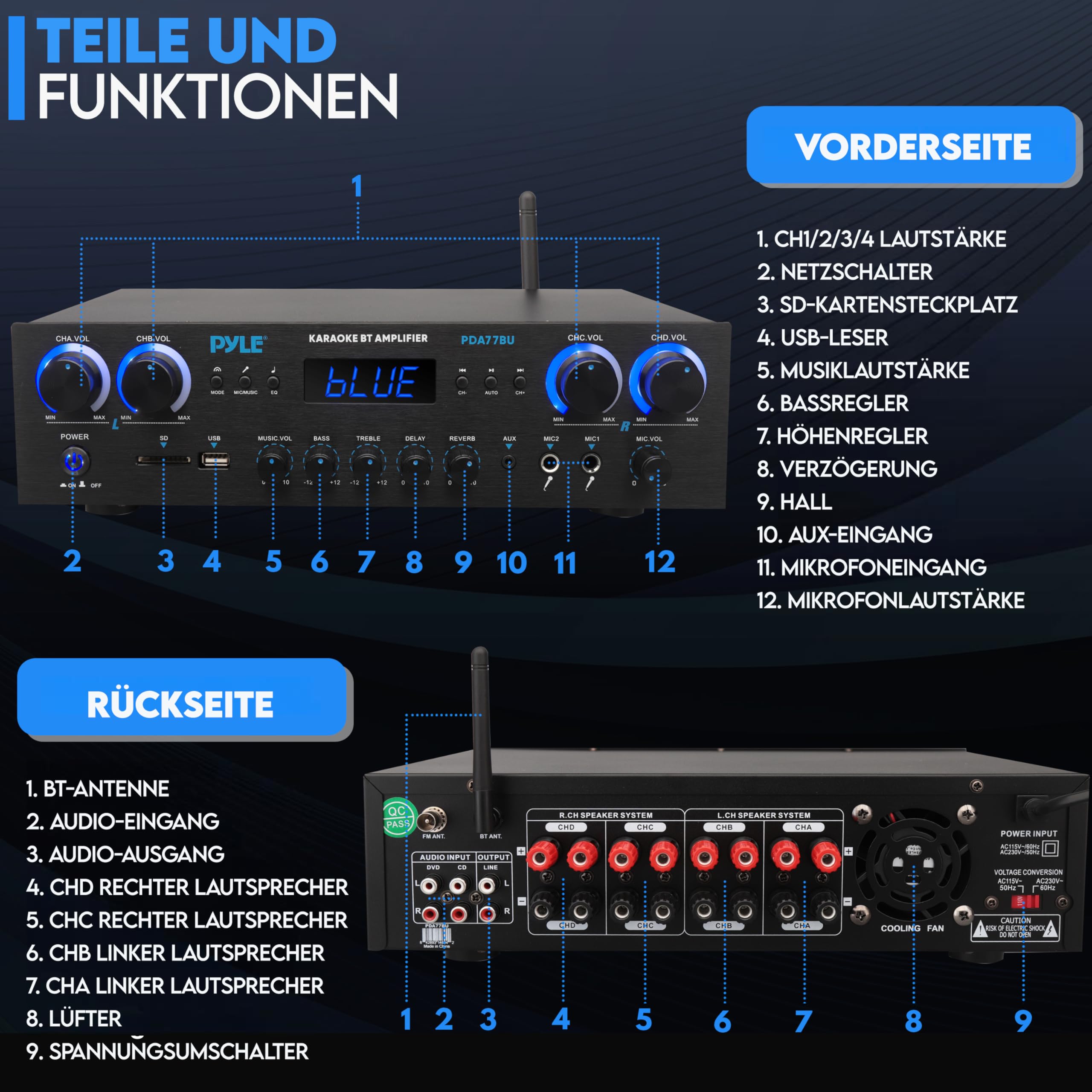Pyle Amplifier, 800W Bluetooth Verstärker – 4-Kanal Mini Amp mit MP3, USB, AUX, SD, Mikrofon, FM, RCA, Reverb/Delay – Stereo für Heimkino, Studio & Theater, 4-Eingang-Verstärkersystem
