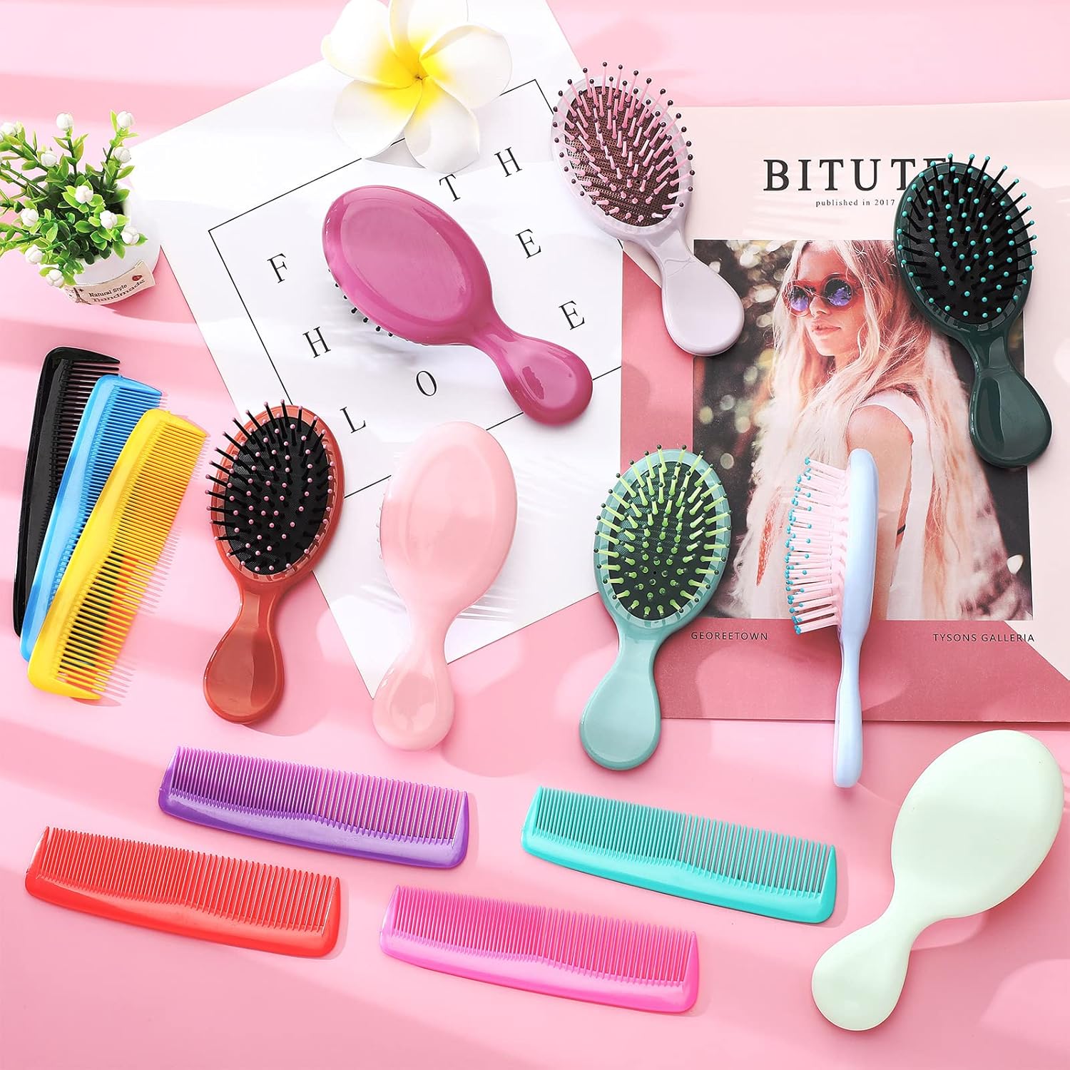Gerrii 112 Pcs Mini Wet Hair Brush Hair Combs Set 56 Small Pocket Travel Detangler Hairbrush 56 Colorful Plastic Fine Wide Hair Combs Toddler Detangling Brushes Soft Bristles Bulk (Bright Color)