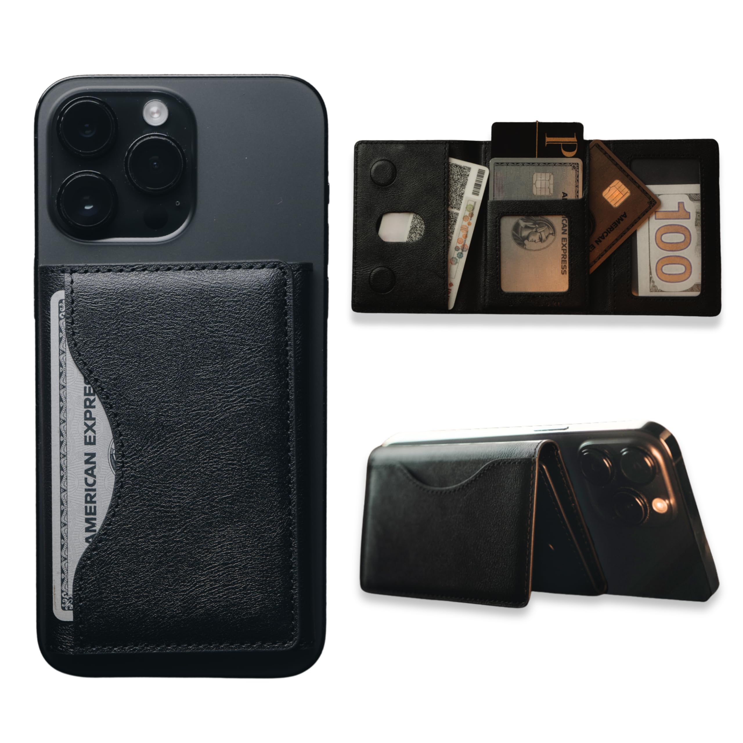 MagSafe Kartenhalter – Magnetischer Kartenhalter aus Leder für iPhone 17/16/15/14/13/12 – Platz für bis zu 6 Karten – Slim Wallet fürs Handy – Starke Magnetkraft, schlankes Design (Schwarz)