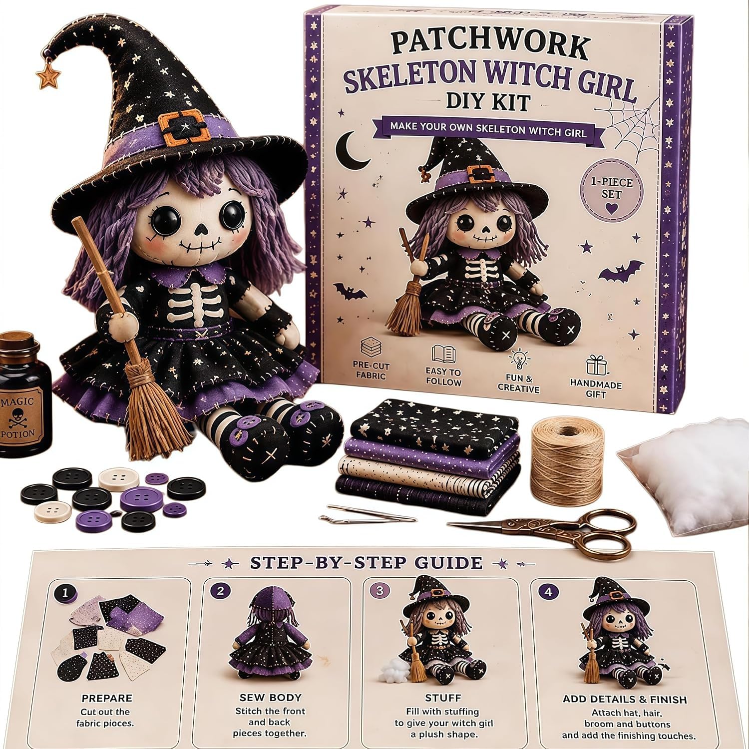 Kit patchwork de bruja esqueleto talla M para costura de Halloween