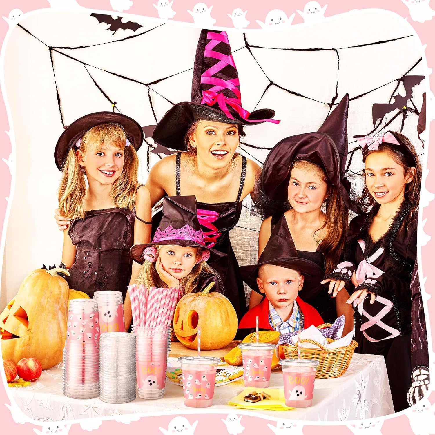 50 Pcs Party Disposable Plastic Cups 12 oz with Lids Straws Themed Party Supplies Plastic Tumbler for Birthday Table Decorations Favors(Halloween Ghost,Pink) - Image 7