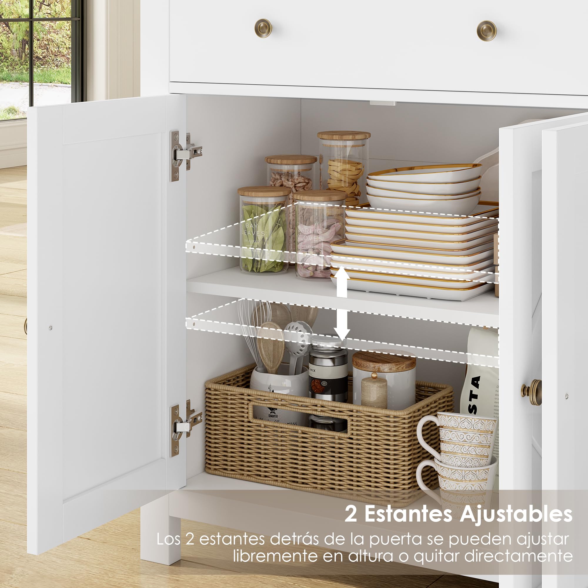 FirFurd Aparador Cocina Aparador Comedor Grande 2 Cajones 4 Puertas Blanco | Mueble Auxiliar de Cocina, Mueble Aparadores Salon con Encimera, 2 Estantes Ajustables 140x40x89cm