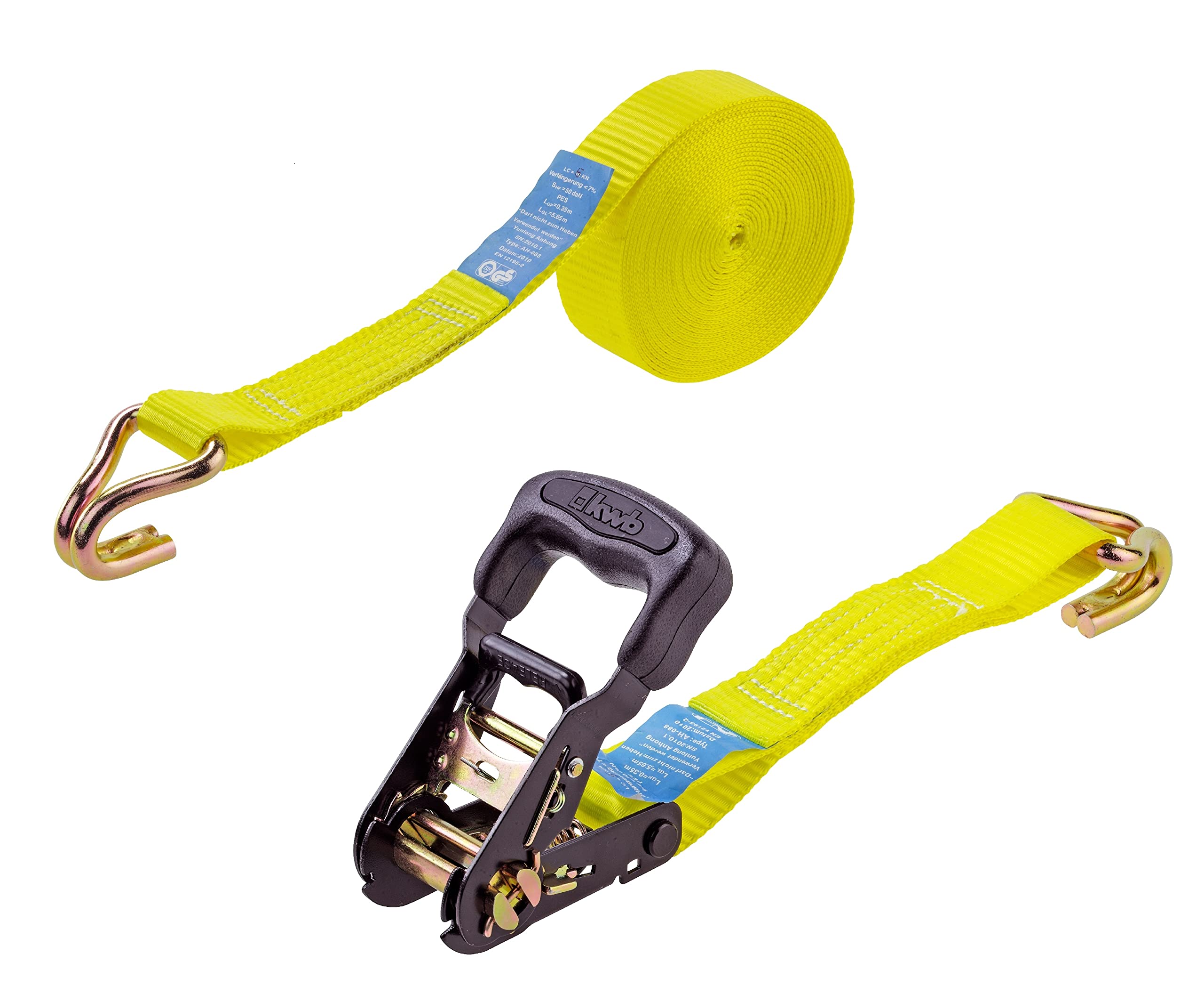 kwb 2x sangles d'arrimage 6 m x 35 mm, en sangle polyester résistante, avec déverrouillage confort et plaquette de contrôle, cliquet de serrage gainé de plastique, avec 2 crochets, testé TÜV/GS