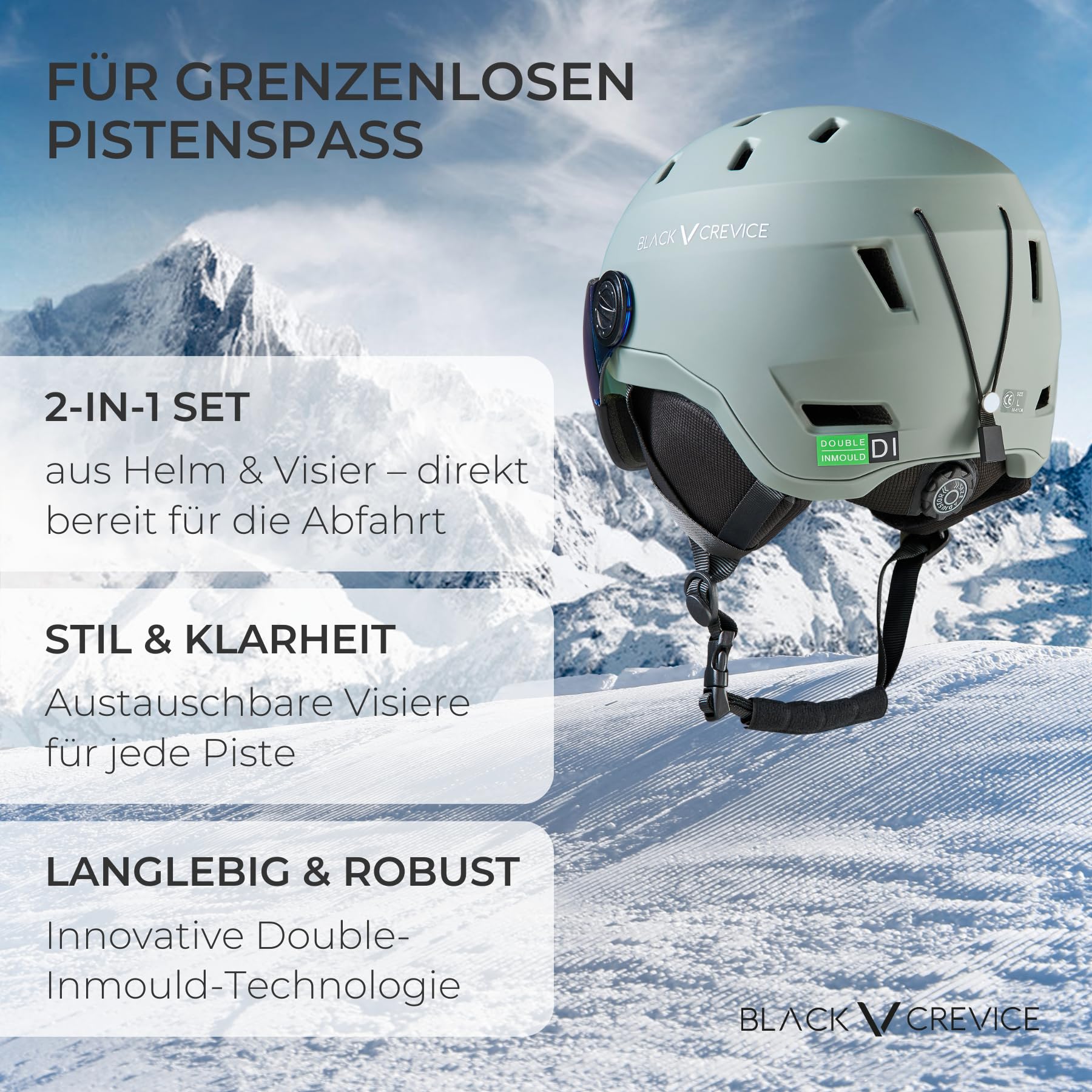 BLACK CREVICE Kask narciarski Wengen I kask narciarski z wizjerem z poliwęglanu, kask narciarski dla mężczyzn i kobiet, lekka technologia Double-Inmould, oddychający kask narciarski, regulowany
