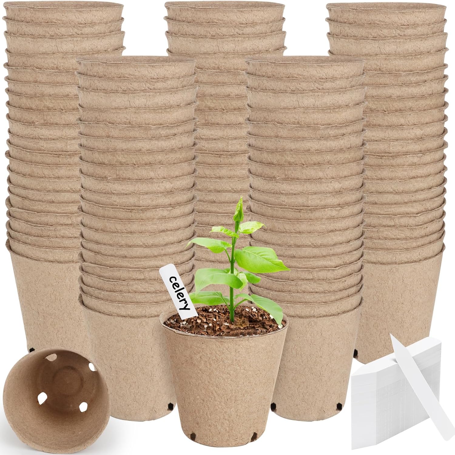 132 Pack Organic Peat Pots, 3.15 Inch Plant Starter Round Nursery Pot with Drainage Holes, Seedling Nursery Box, Seed Starting Tray, Bulk Garden Germination Paper Pulp Container with 132 Plant Labels