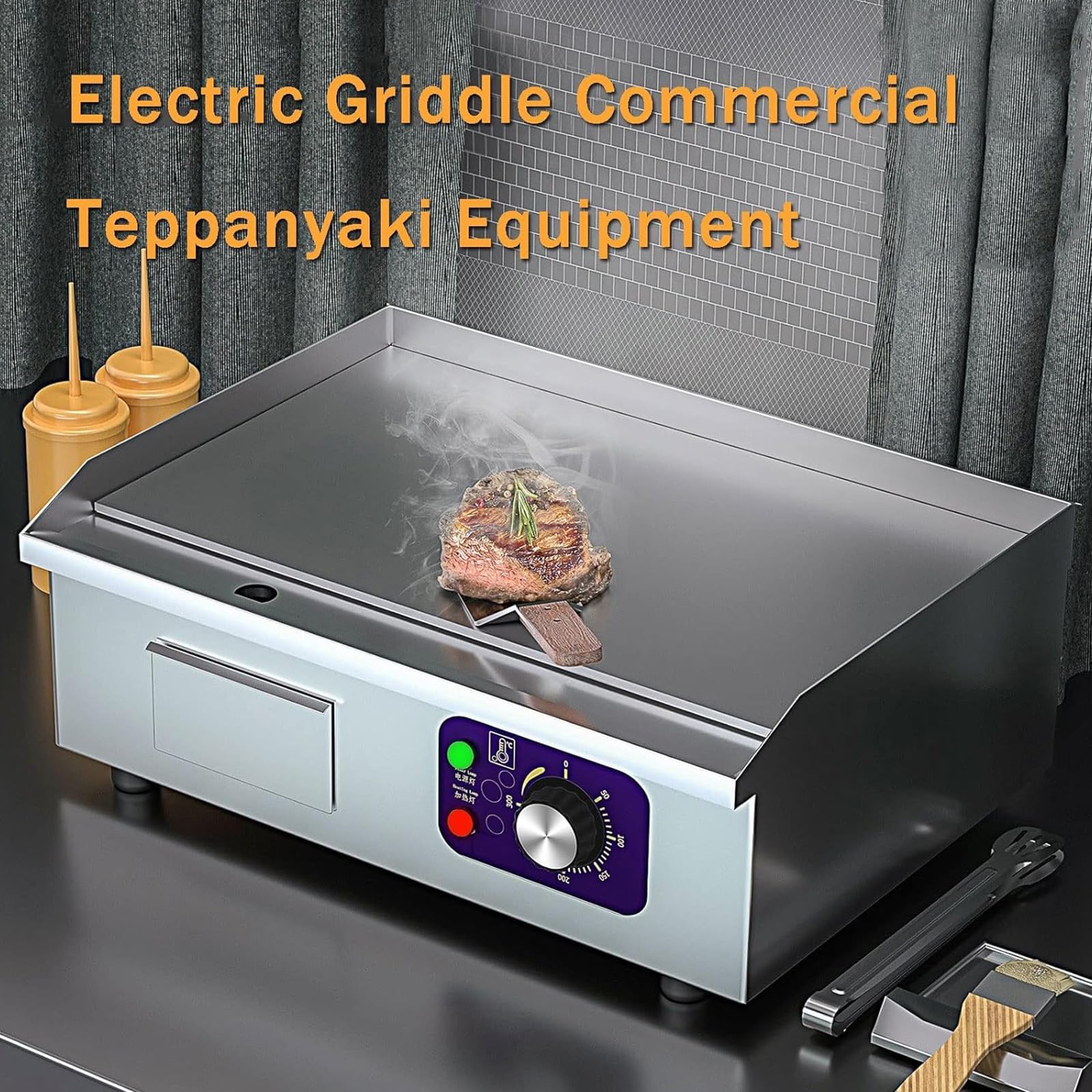 Piastra Elettrica Griglia Commerciale da Banco BBQ Teppanyaki Grill in Acciaio Inox, Controllo della Temperatura Regolabile 122°F-572°F per Cucina Campeggio E Aperta,28.7in