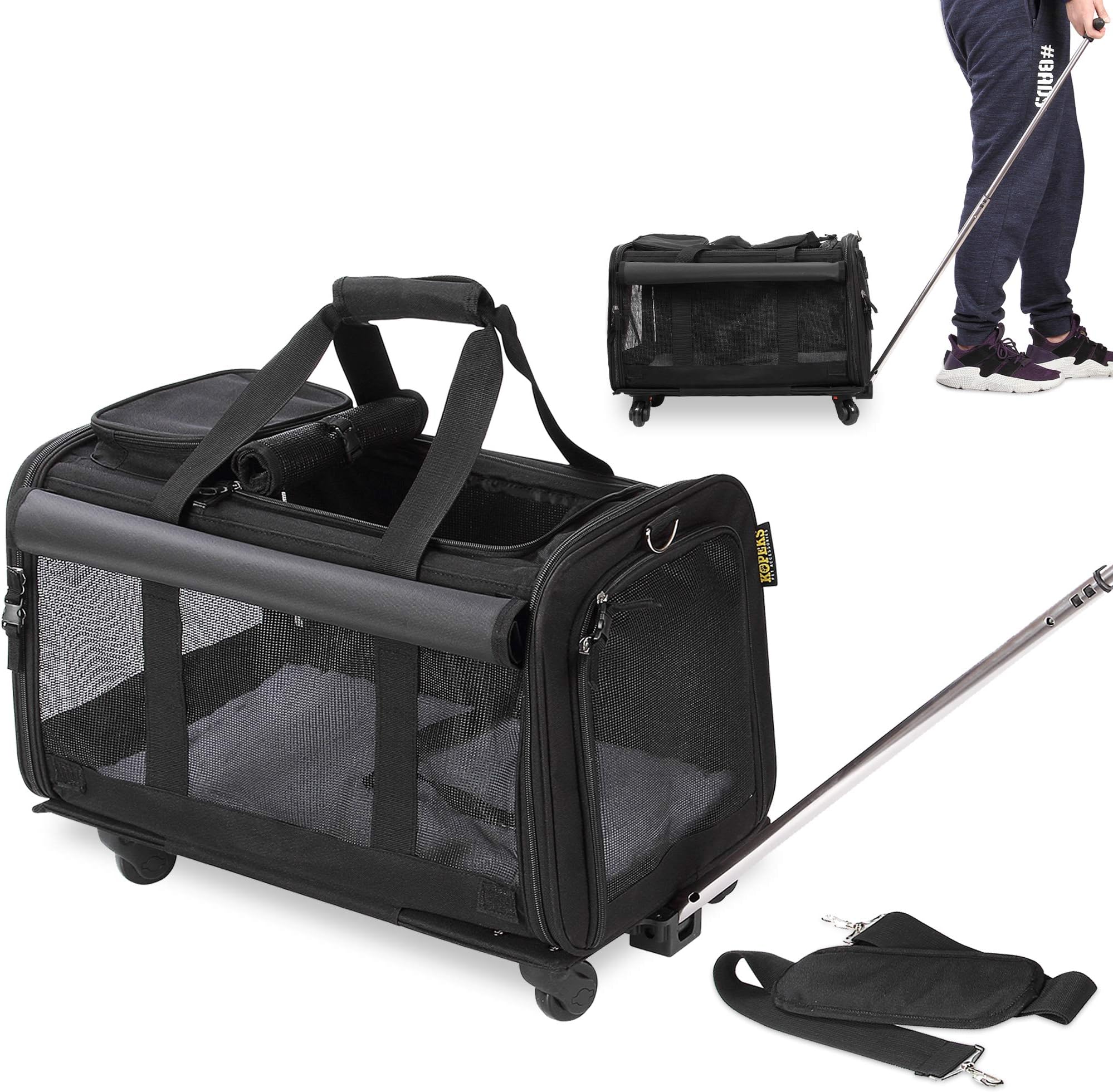 KOPEKS Pet Carrier with Detachable Wheels for Small and Medium Dogs & Cats Black Medium (Pack