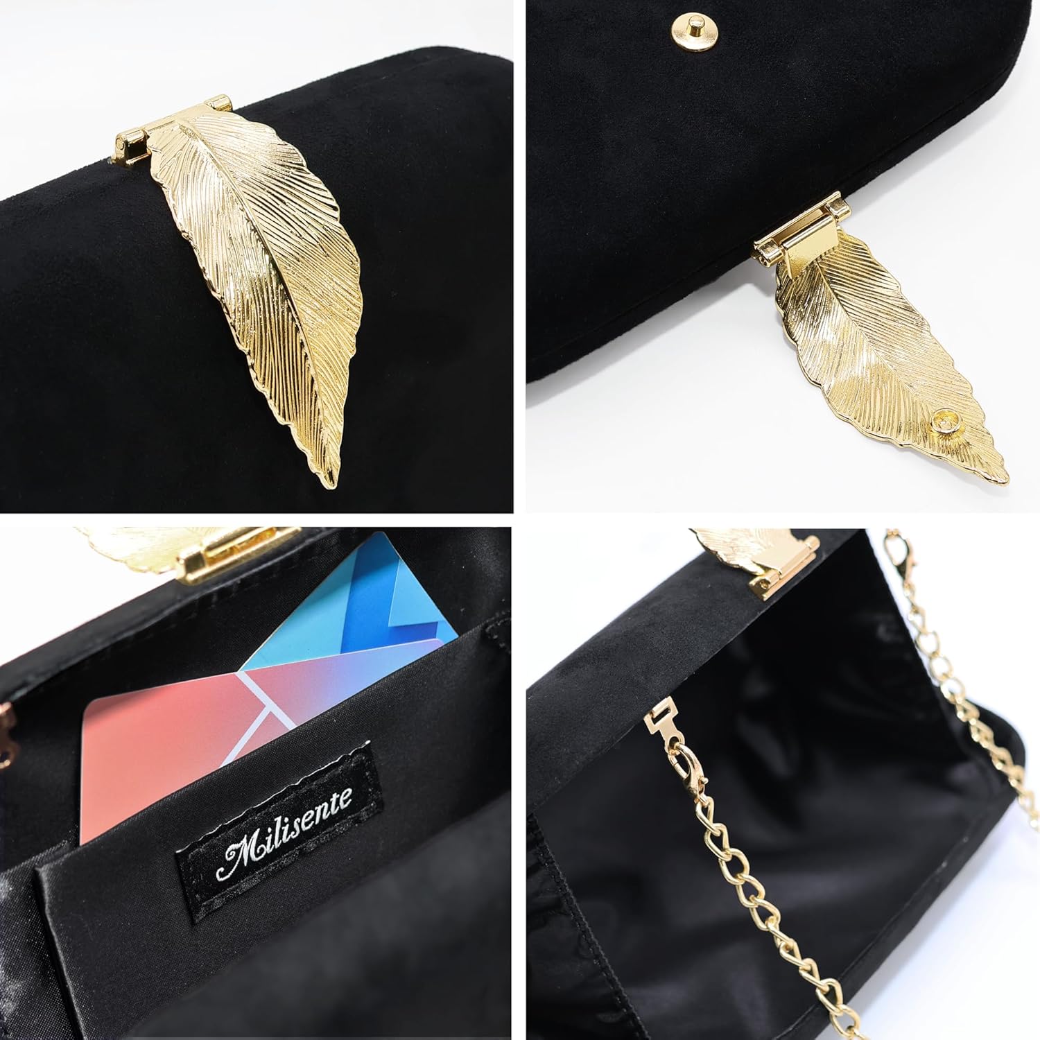 Milisente Clutch Purses For Women, Solid Suede Evening Clutch Bag Shoulder Bag With Metallic Leaves Clasp - Image 6