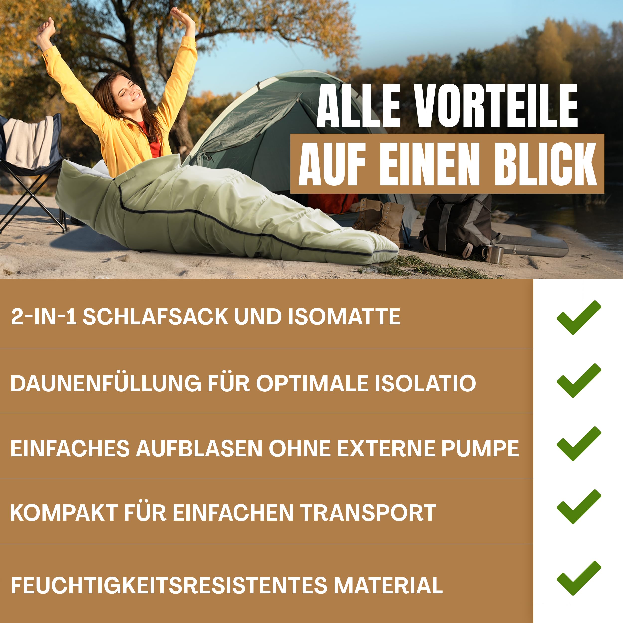 Schlafsack mit integrierbarer Isomatte & Fußpumpe – Outdoor Set für Festival, Trekking und 3-Jahreszeiten Camping