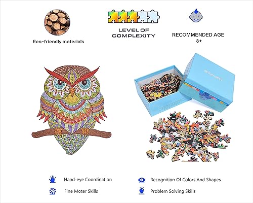 Miniatura 5 de Rompecabezas de madera colorido búho HM-04 rompecabezas de pájaros pequeños, 206 piezas de rompecabezas de formas únicas, hermoso animal para
