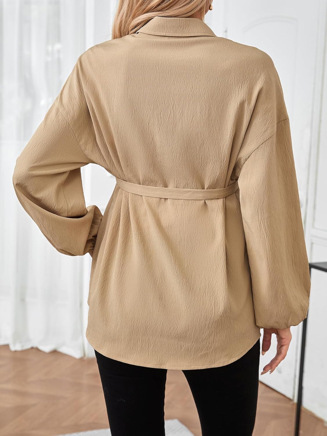MAKEMECHIC Women's Maternity Blouse Long Sleeve Belted Button Down Casual Pregnancy Blouse Tops - Image 2