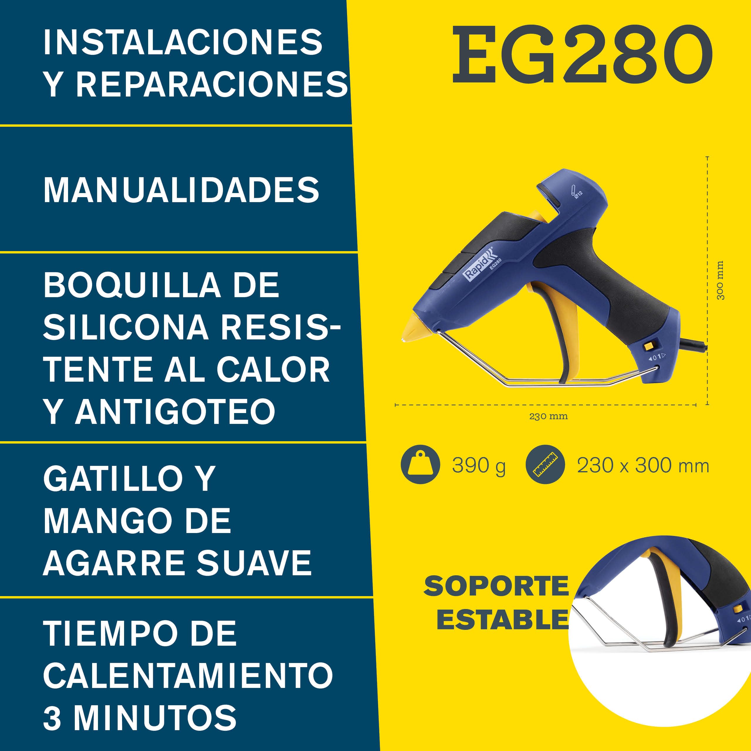 Rapid EG280 Pistola Cola para Barras de 12 mm, 600 g/h, Bricolaje | Alto caudal de cola de 400 g/h, con boquilla intercambiable