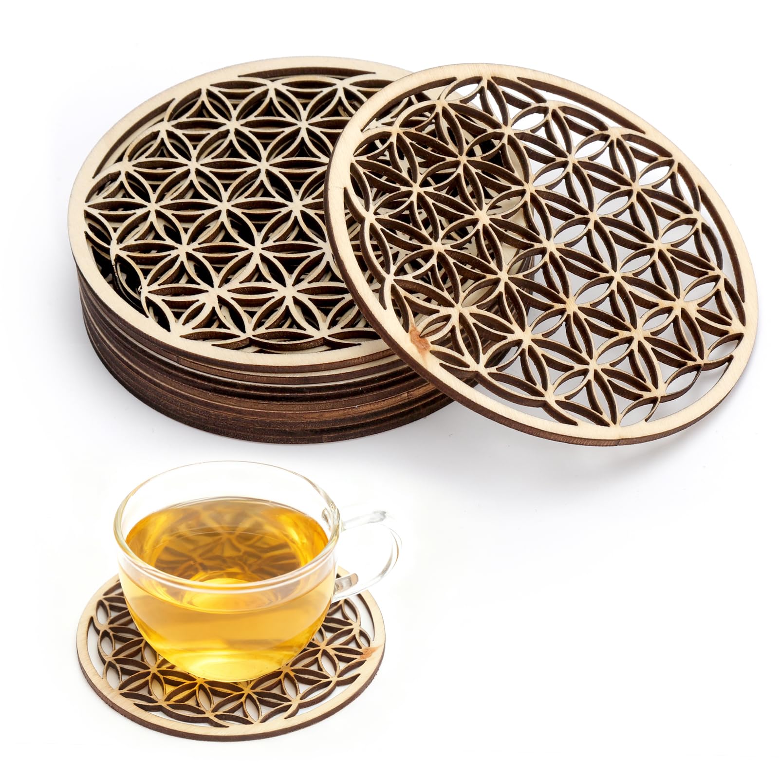Flor de la Vida de Madera de Abedul, 10 PCS Flor de La Vida Posavasos Madera, Decoración de Pared de Flores de Vidas Flors de la Vidas de Maderas en un Juego para Meditación