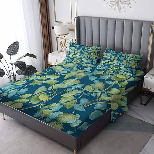Miniatura 9 de Sábanas tropicales para cama tamaño King  Sábanas de cama con hojas de palmera de mariposa Monstera, microfibra suave, bolsillo profundo, sábanas y