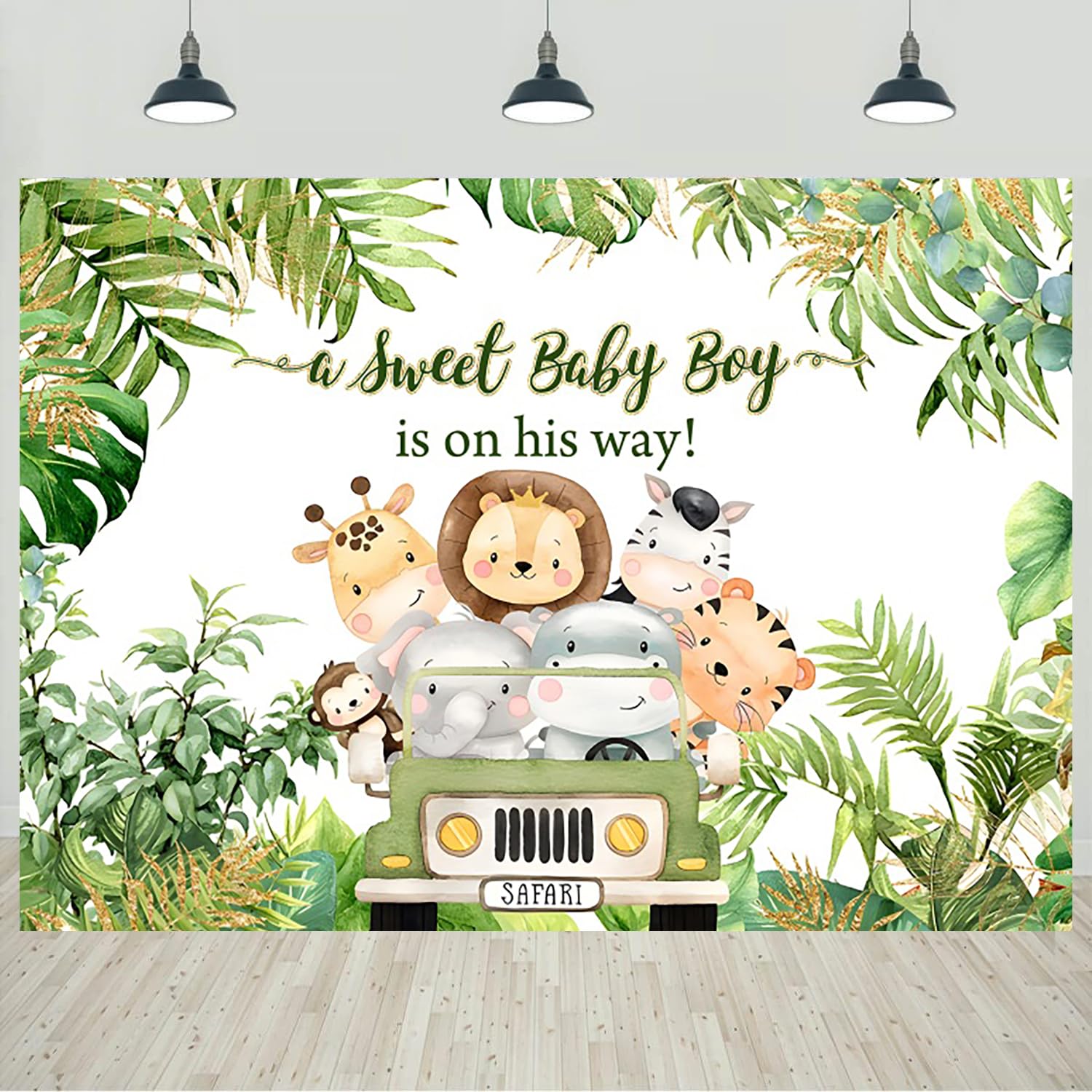 7x5ft Safari Baby Shower Backdrop A Sweet Baby Boy is On His Way Jungle Cartoon Animals Palm Leaves Photography Background Boys Baby Shower Party