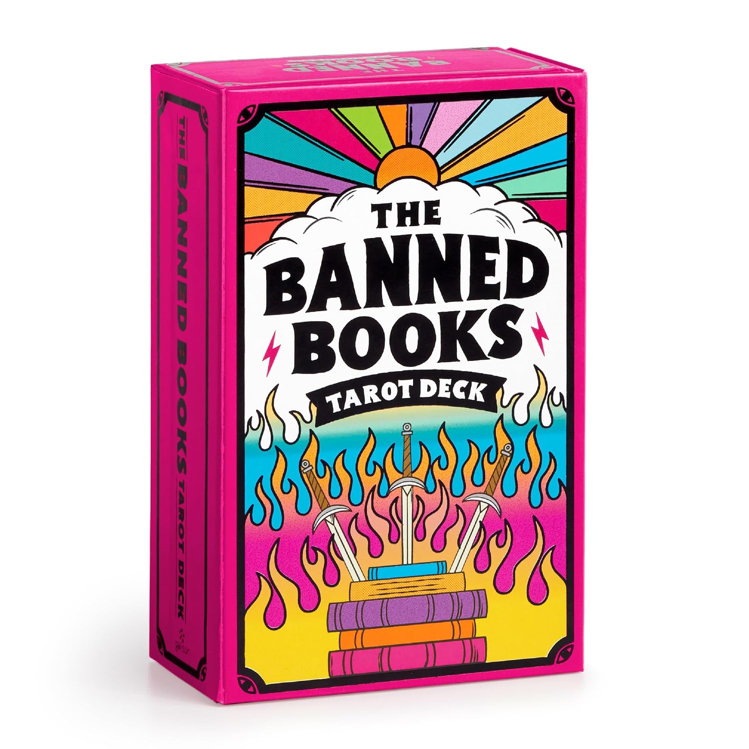 A stack of books sits on the bottom of the frame with three swords sticking out. Flames are in the background, shooting up into a white cloud with a sun peaking over it.