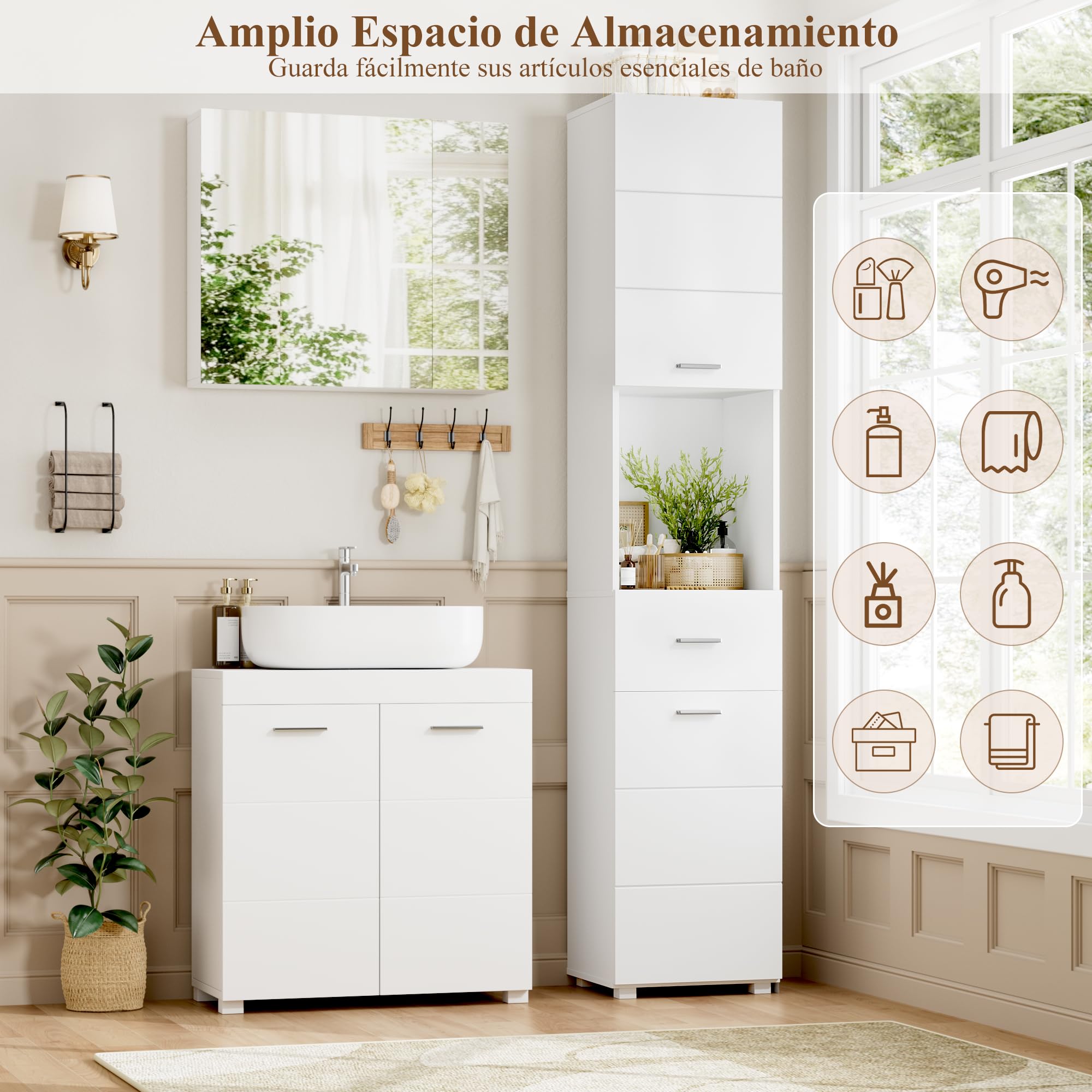 FOREHILL 180cm Mueble Columna Baño, Armario Baño Alto, Mueble Auxiliar Armario Estrecho y Alto, Madera, con 2 Puertas, 1 Cajón, Moderno, Blanco 37x30x180 cm