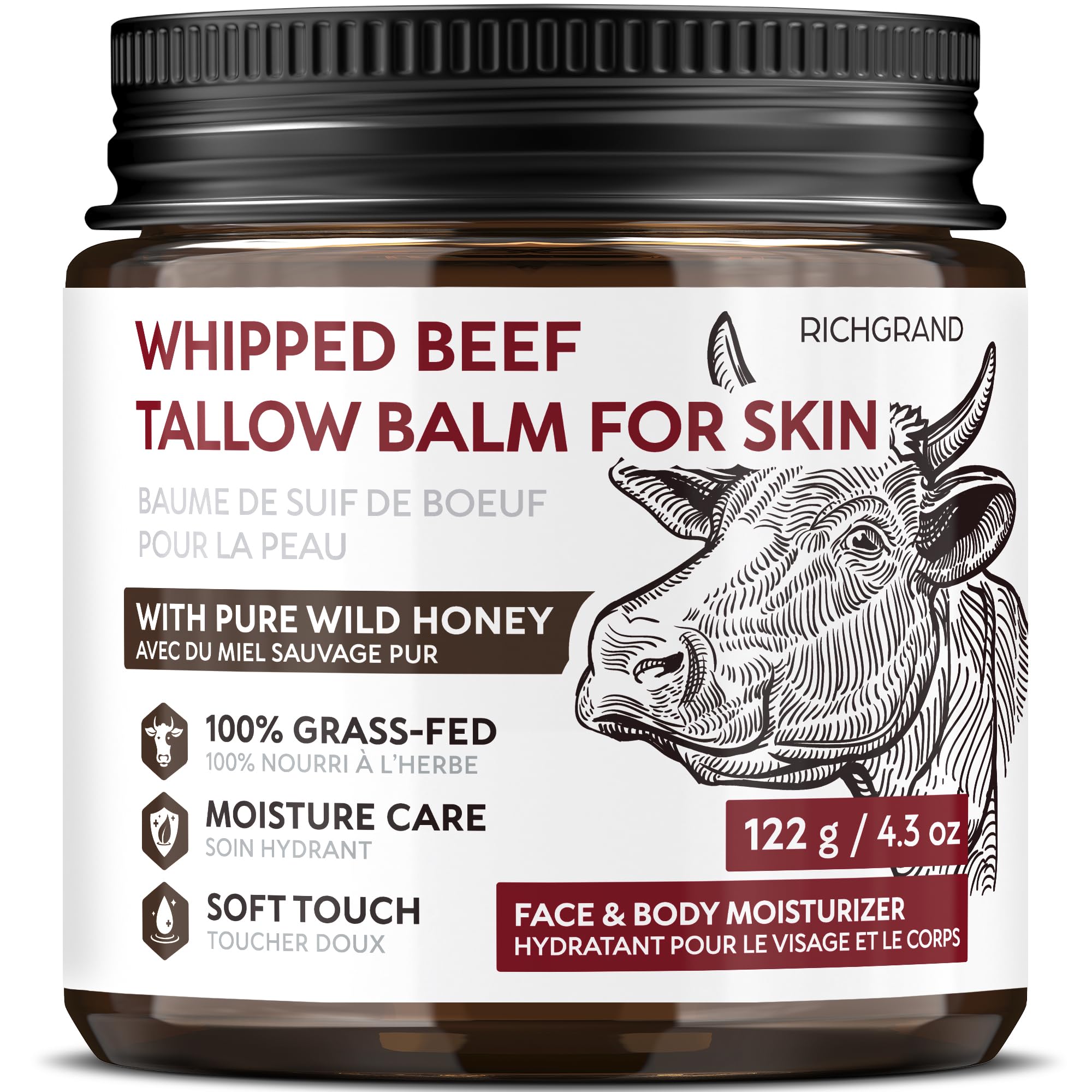 Beef Tallow Face Cream, Whipped Tallow and Honey Balm for Face and Body, Grass Fed Natural Skincare Moisturizer for Dry and Sensitive Skin, Hydrating Body Butter