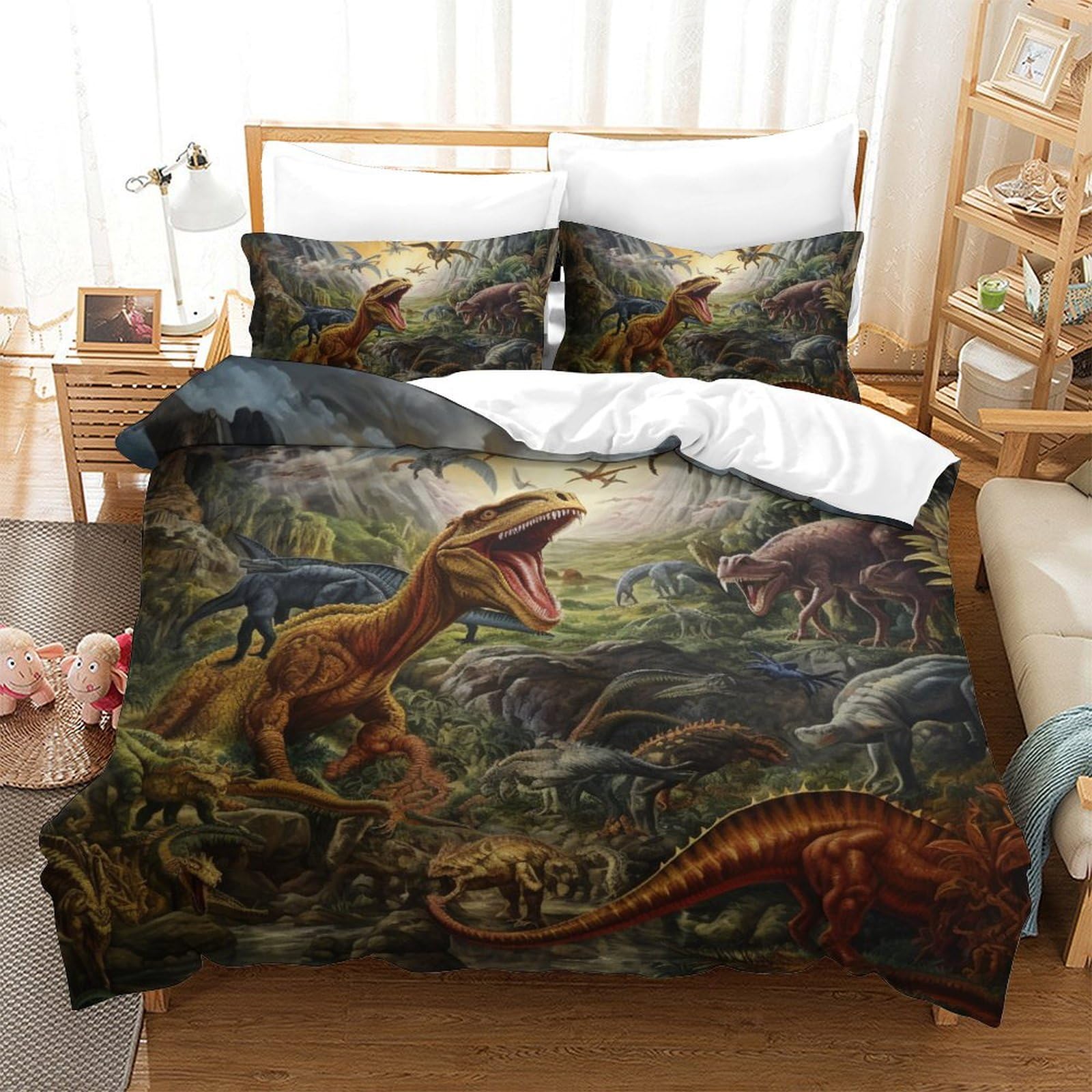 GXYUAOIEF Dinosaur 3D Printed Quilt Cover Set 3 Pieces Bed Duvet Set Soft Microfiber with Zipper Closure，Pillowcases for Teens And Adults Double（200x200cm）